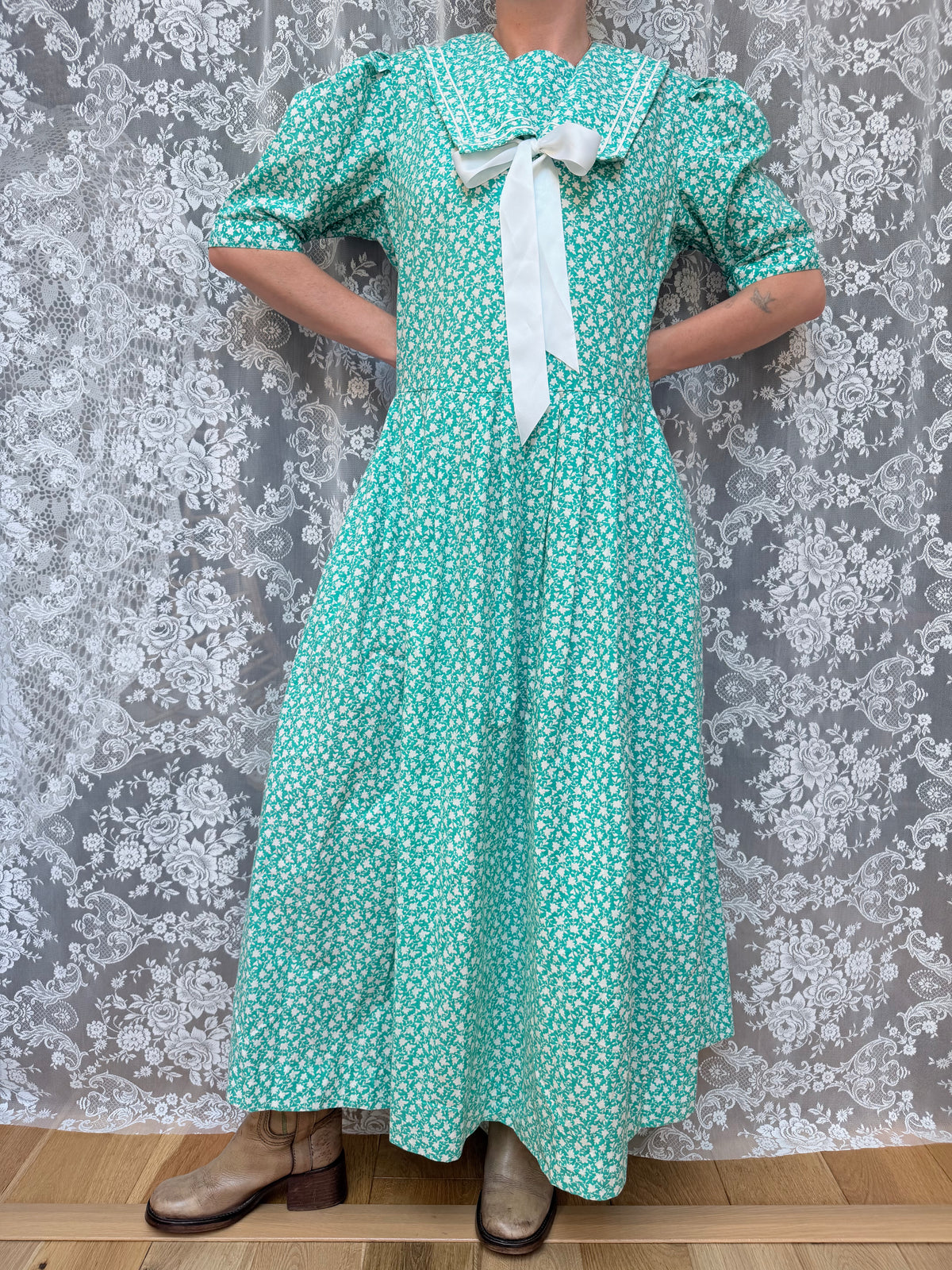 Vintage 1980s Laura Ashley Turquoise Sailor Collar Dress