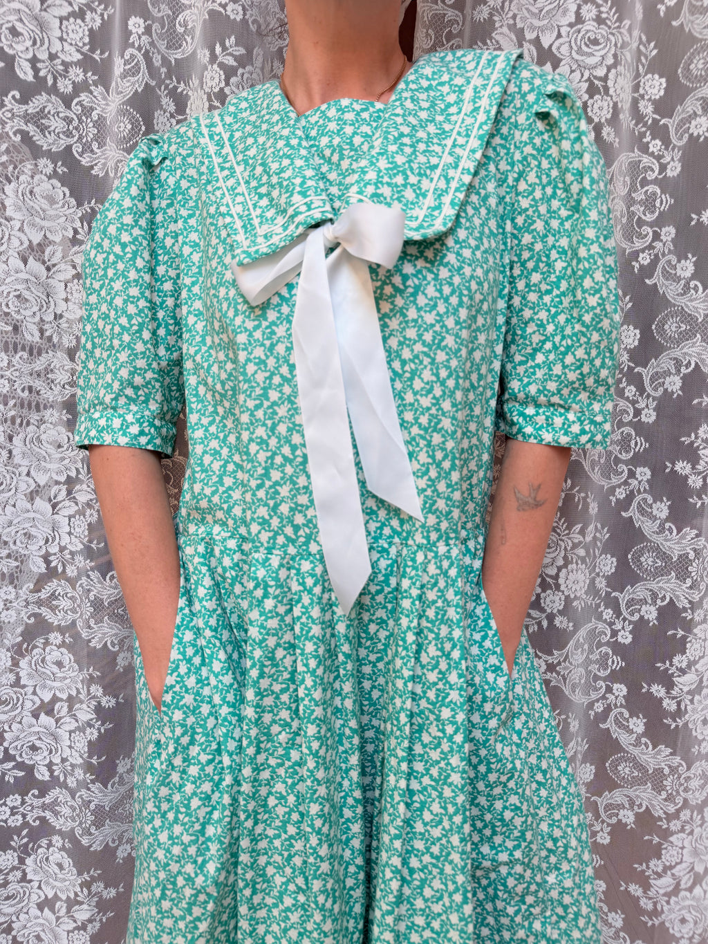 Vintage 1980s Laura Ashley Turquoise Sailor Collar Dress