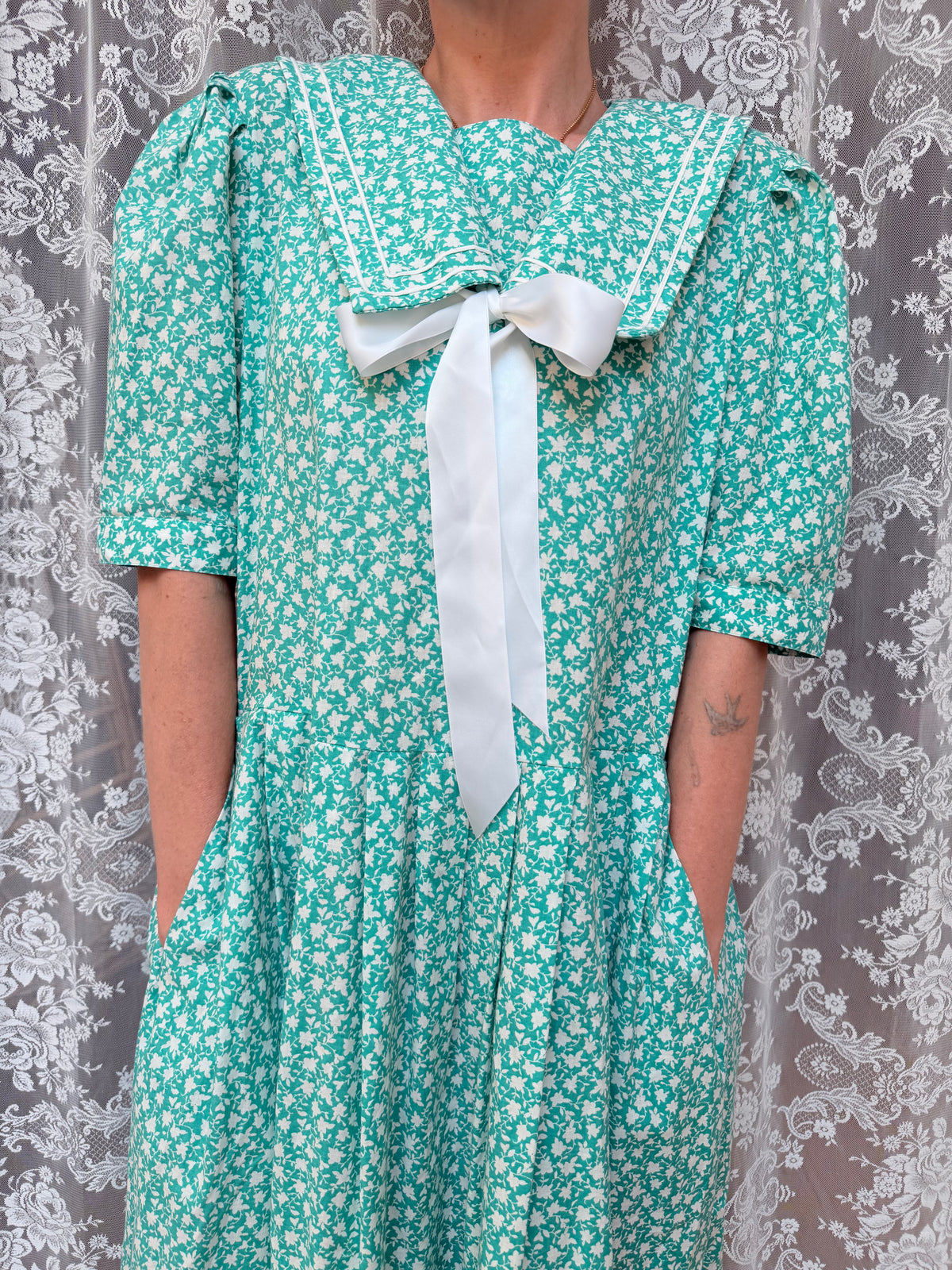 Vintage 1980s Laura Ashley Turquoise Sailor Collar Dress