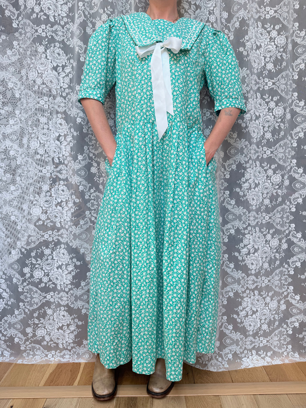 Vintage 1980s Laura Ashley Turquoise Sailor Collar Dress