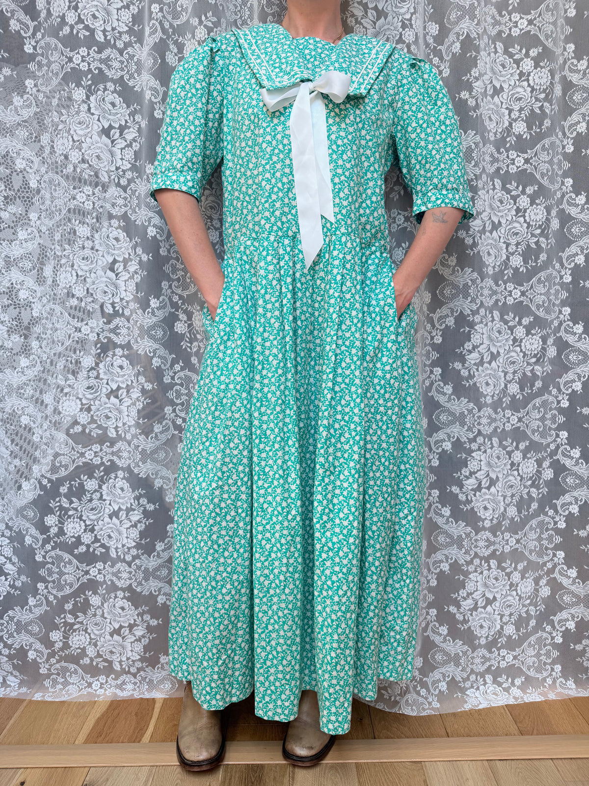 Vintage 1980s Laura Ashley Turquoise Sailor Collar Dress