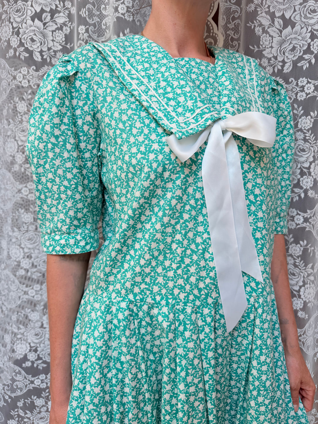 Vintage 1980s Laura Ashley Turquoise Sailor Collar Dress