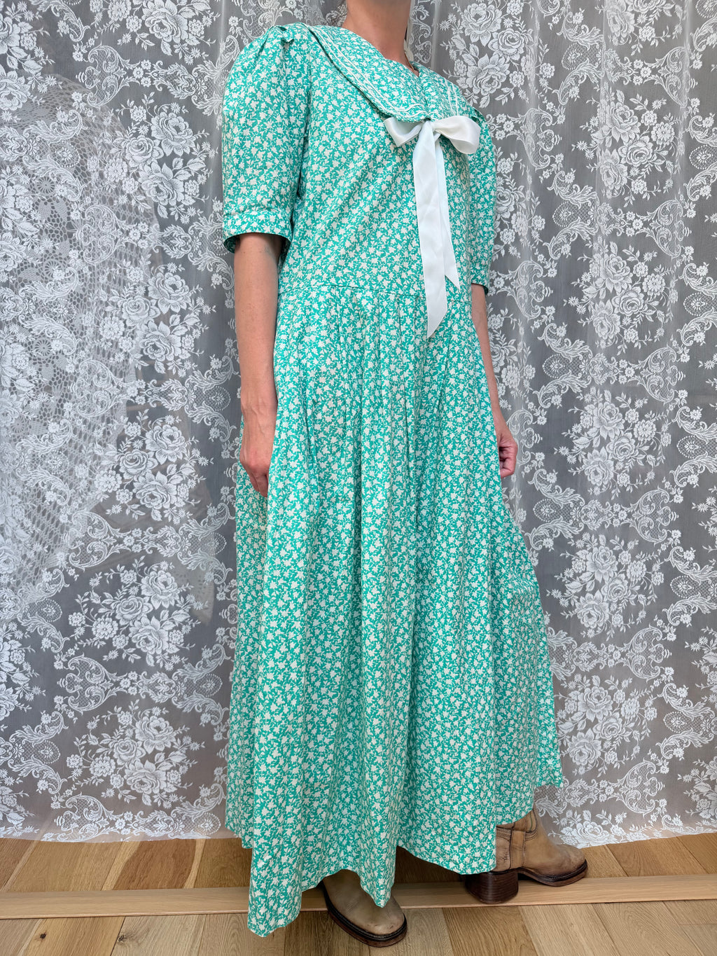 Vintage 1980s Laura Ashley Turquoise Sailor Collar Dress