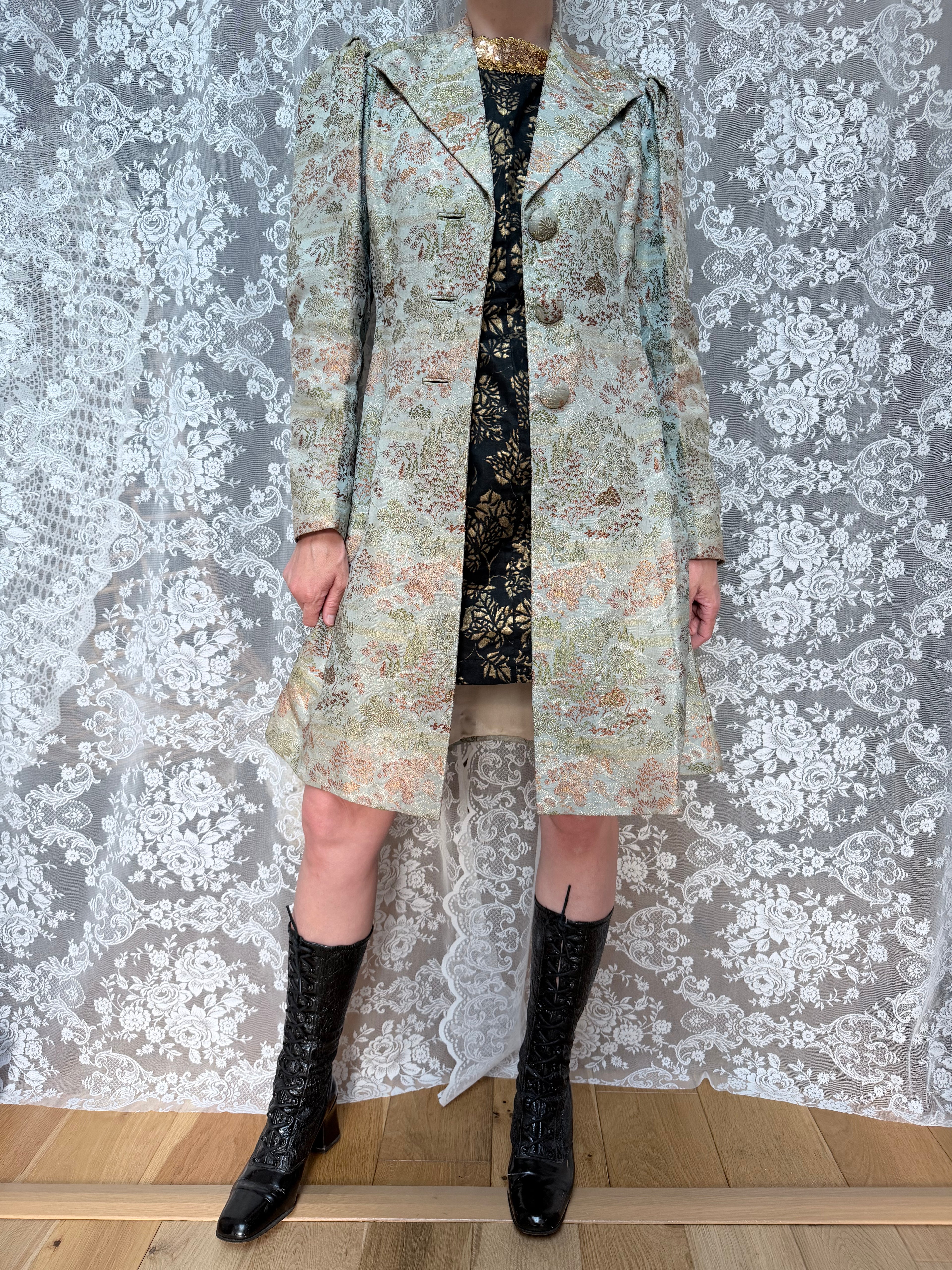 Vintage 1950s/1960s Pale Blue Oriental-Inspired Brocade Coat