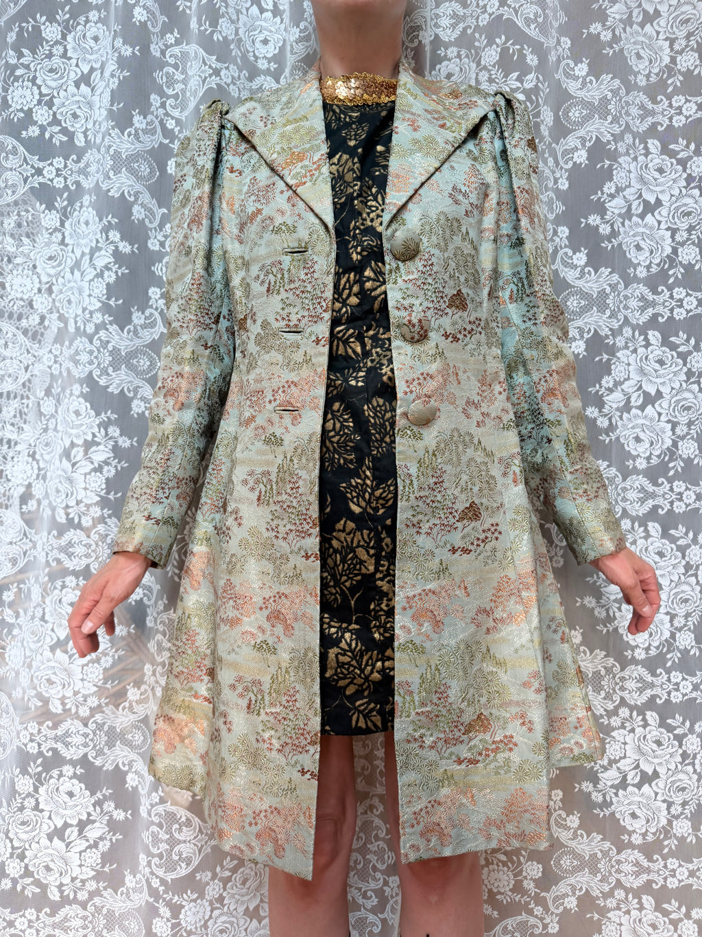 Vintage 1950s/1960s Pale Blue Oriental-Inspired Brocade Coat