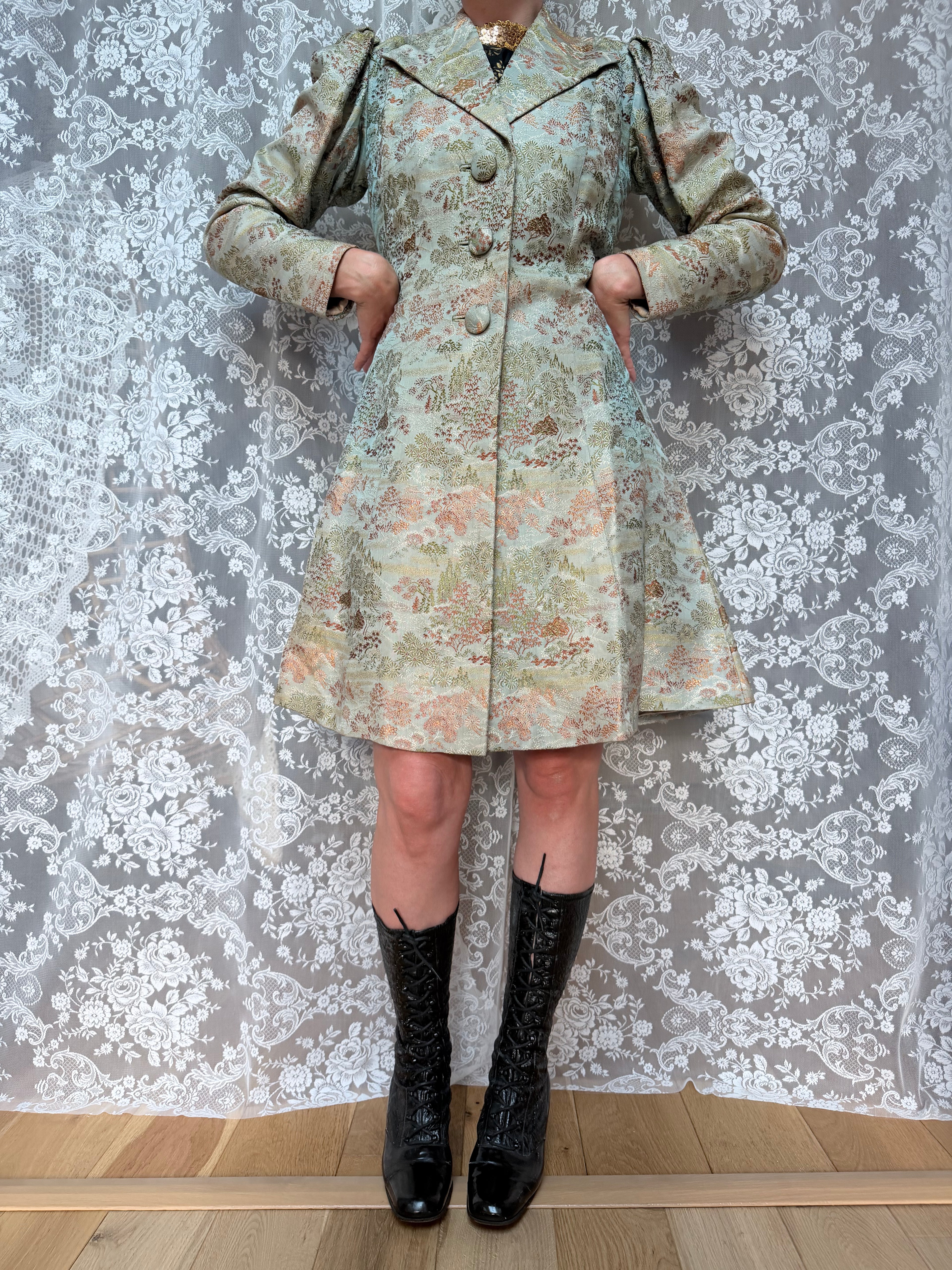 Vintage 1950s/1960s Pale Blue Oriental-Inspired Brocade Coat