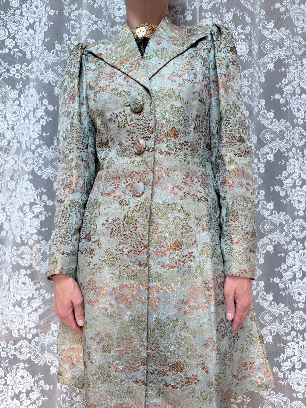 Vintage 1950s/1960s Pale Blue Oriental-Inspired Brocade Coat