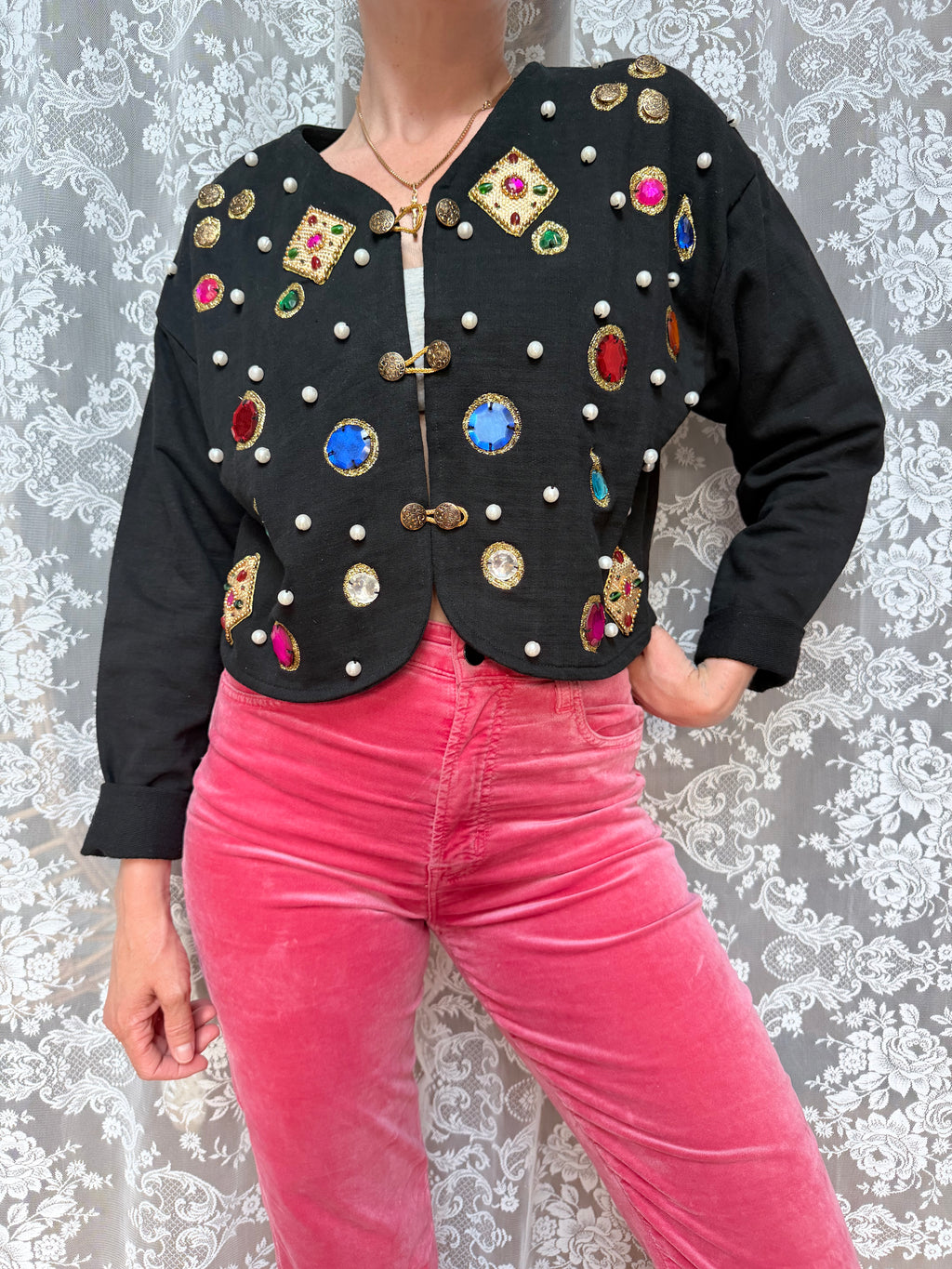 Quirky Vintage 1980s Black Cardigan with Jewels | Alice in Wonderland Inspired