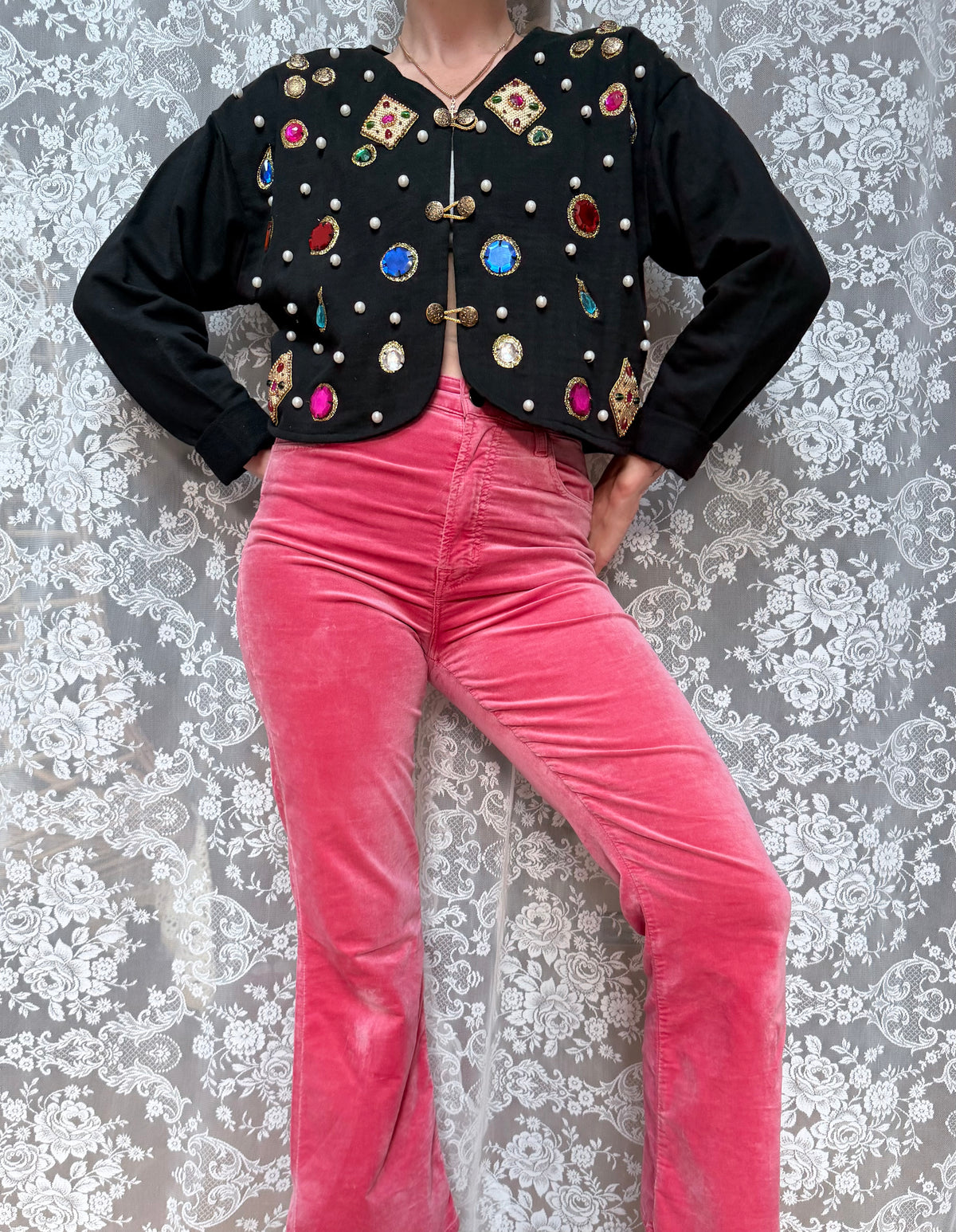 Quirky Vintage 1980s Black Cardigan with Jewels | Alice in Wonderland Inspired