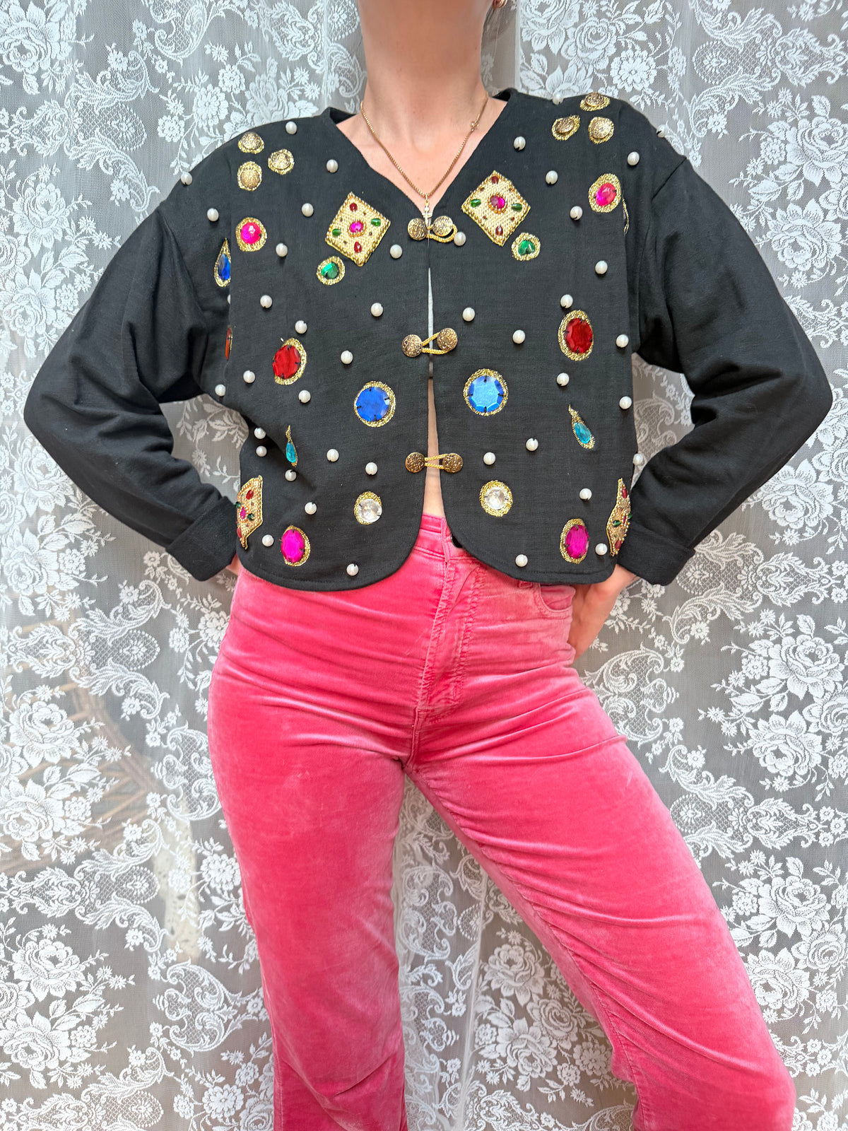 Quirky Vintage 1980s Black Cardigan with Jewels | Alice in Wonderland Inspired