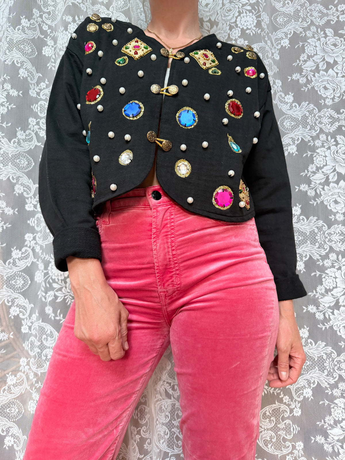 Quirky Vintage 1980s Black Cardigan with Jewels | Alice in Wonderland Inspired