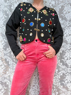 Quirky Vintage 1980s Black Cardigan with Jewels | Alice in Wonderland Inspired