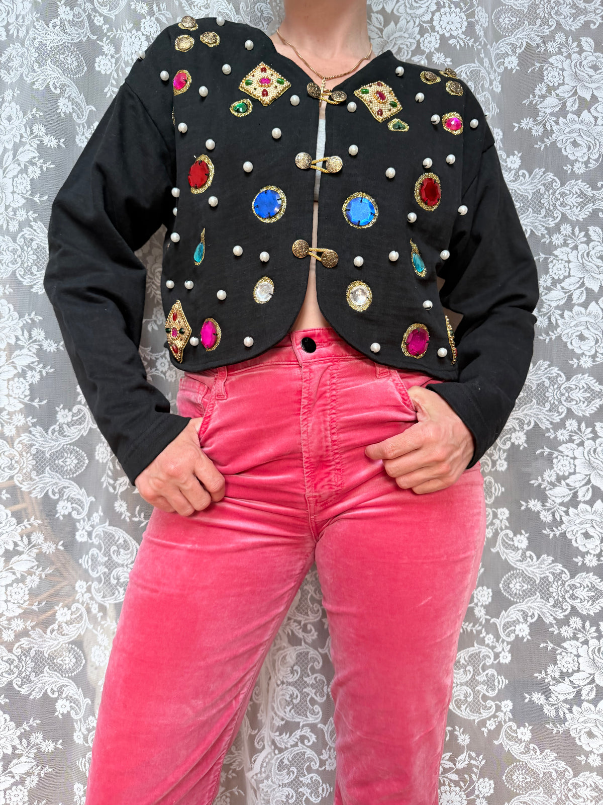 Quirky Vintage 1980s Black Cardigan with Jewels | Alice in Wonderland Inspired