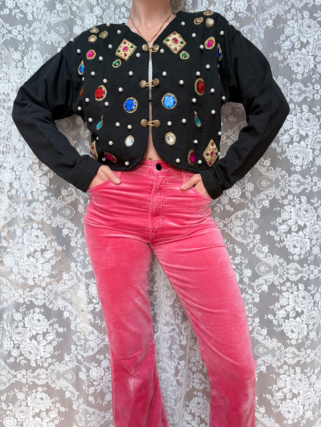 Quirky Vintage 1980s Black Cardigan with Jewels | Alice in Wonderland Inspired