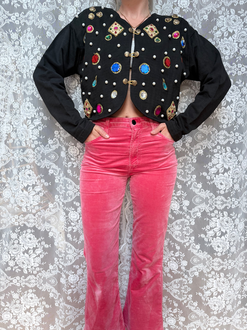 Quirky Vintage 1980s Black Cardigan with Jewels | Alice in Wonderland Inspired