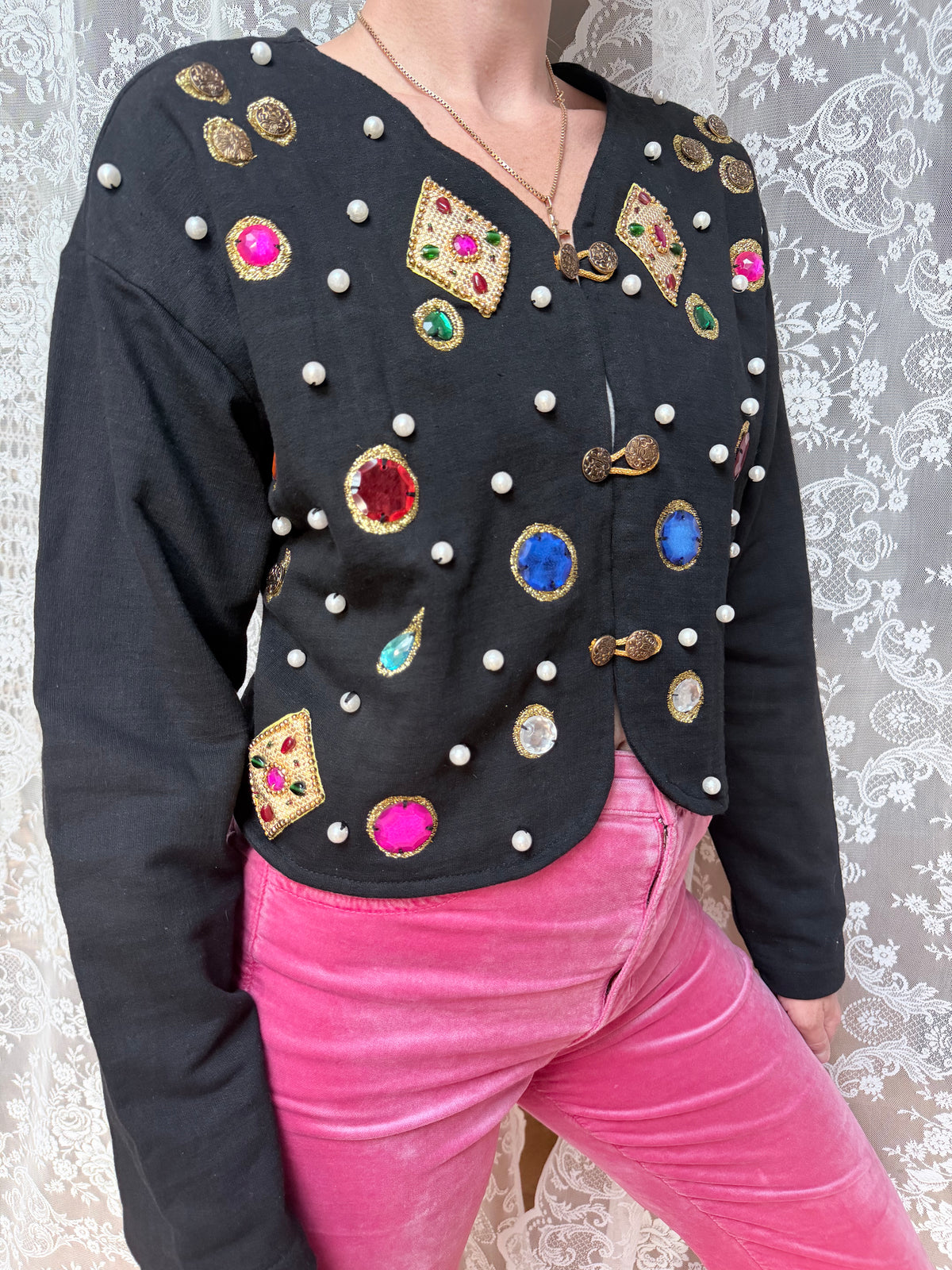 Quirky Vintage 1980s Black Cardigan with Jewels | Alice in Wonderland Inspired
