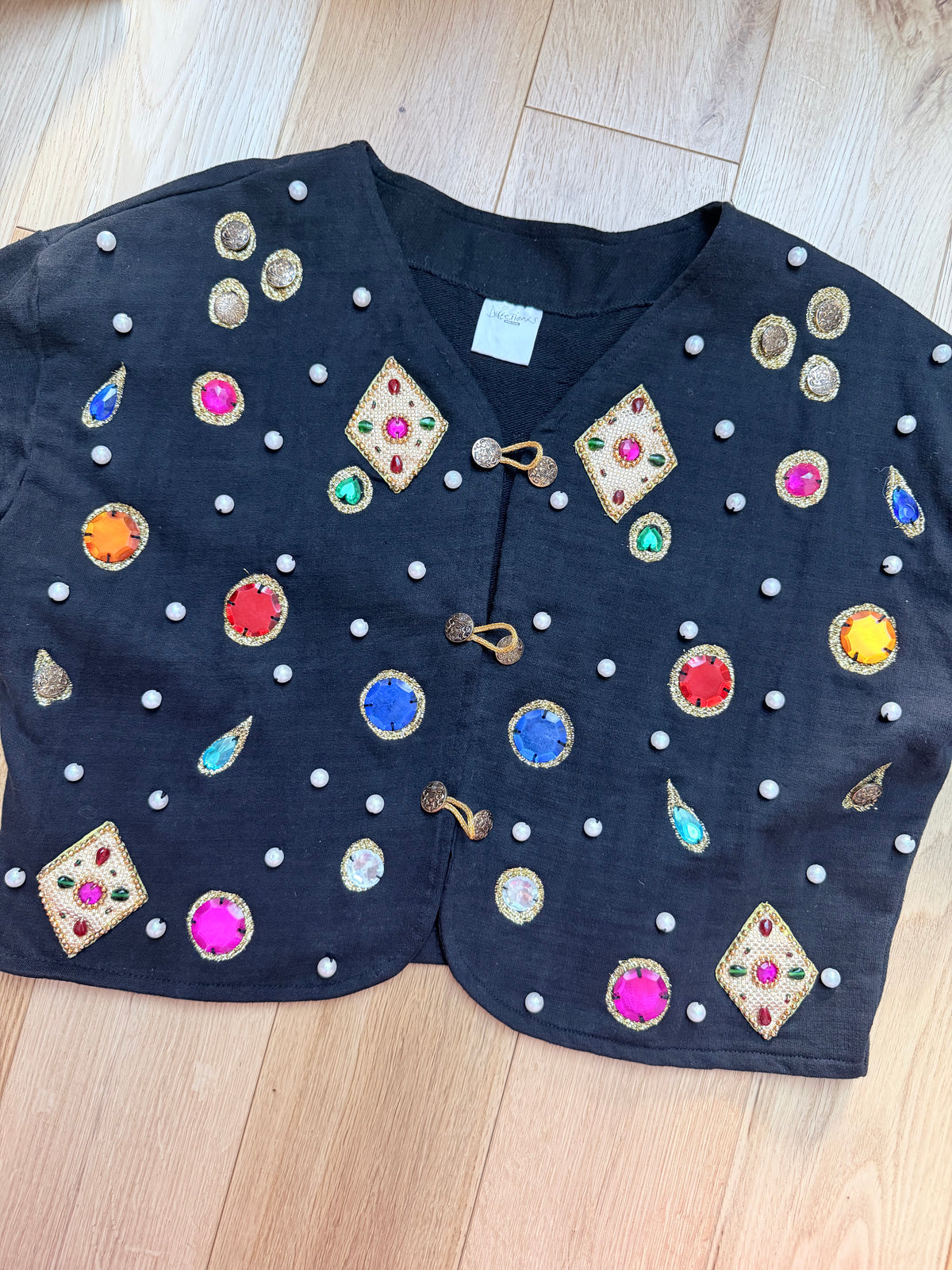 Quirky Vintage 1980s Black Cardigan with Jewels | Alice in Wonderland Inspired
