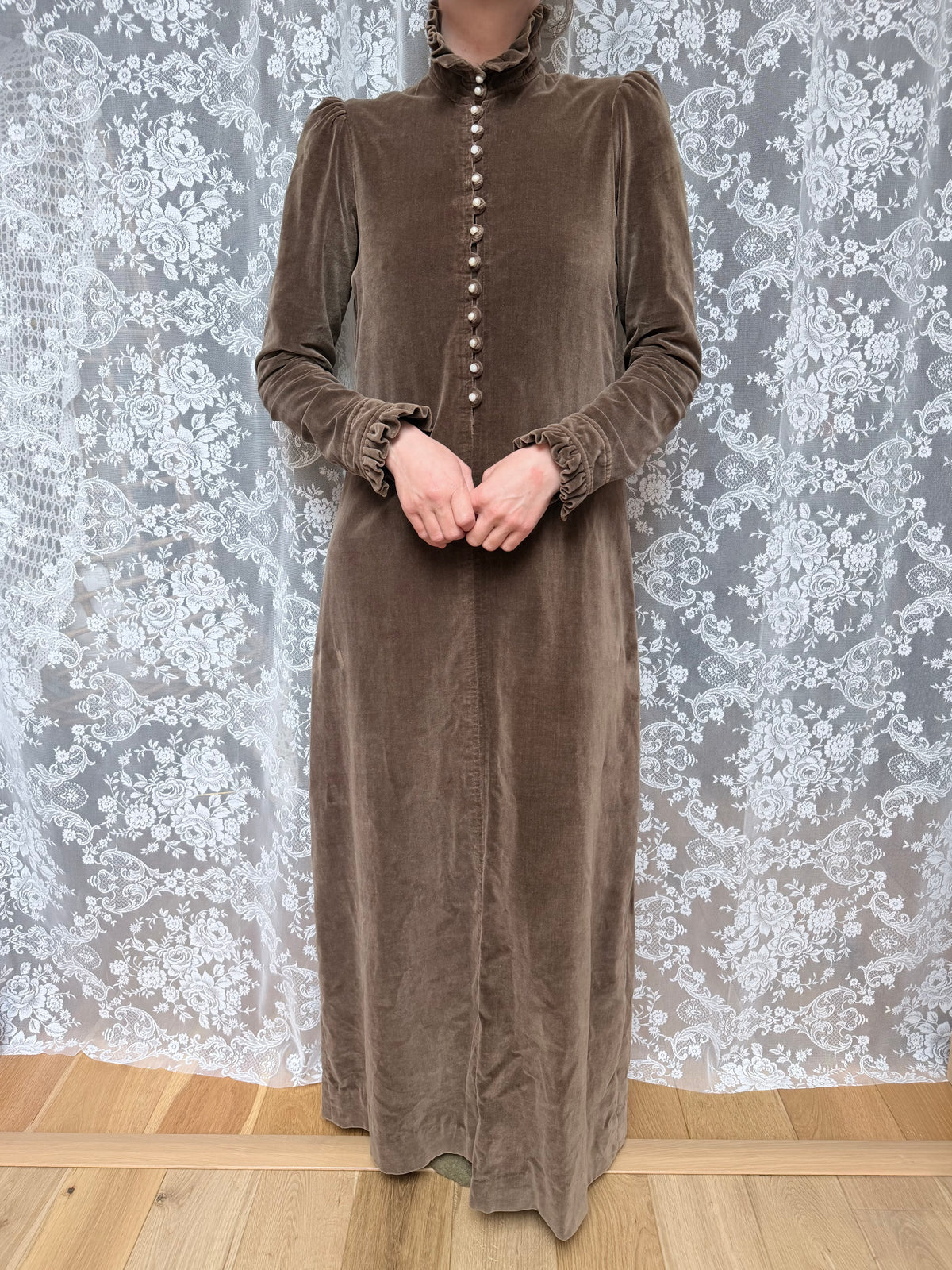 Vintage 1970s Brown Velvet Prairie Maxi Dress