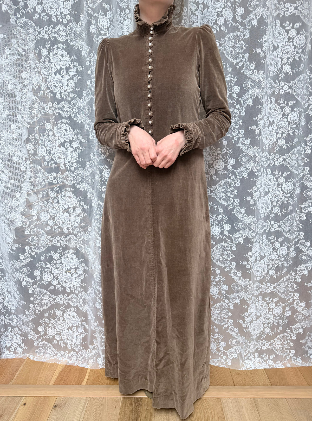 Vintage 1970s Brown Velvet Prairie Maxi Dress