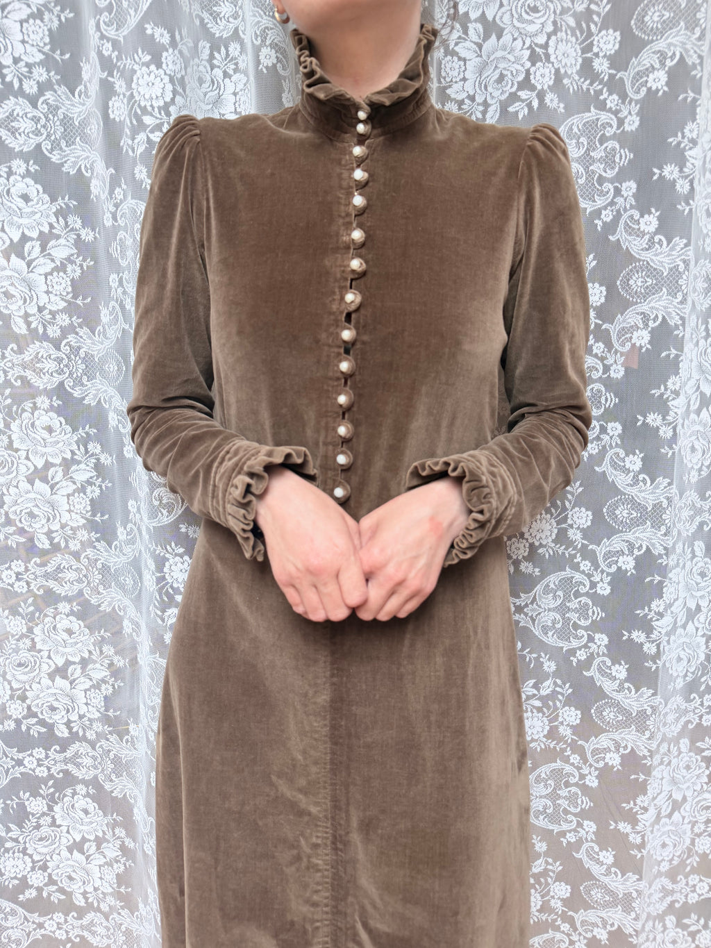 Vintage 1970s Brown Velvet Prairie Maxi Dress