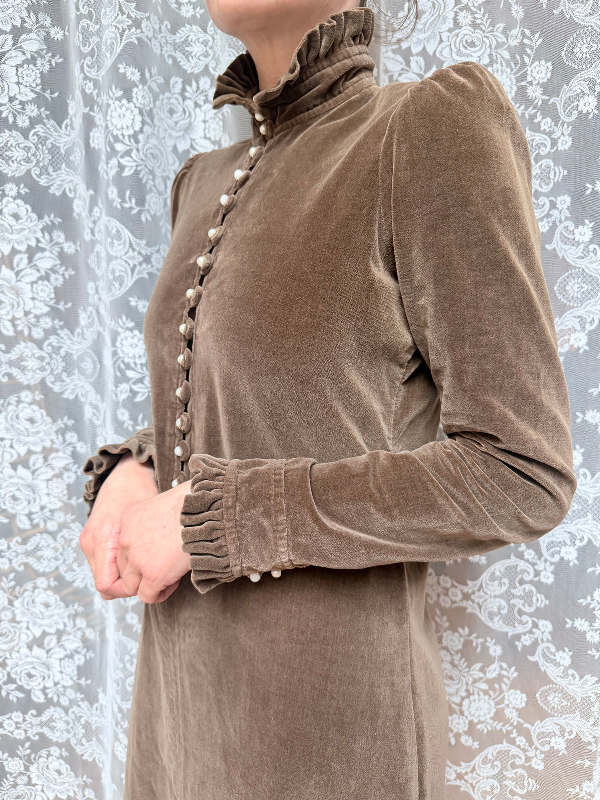 Vintage 1970s Brown Velvet Prairie Maxi Dress