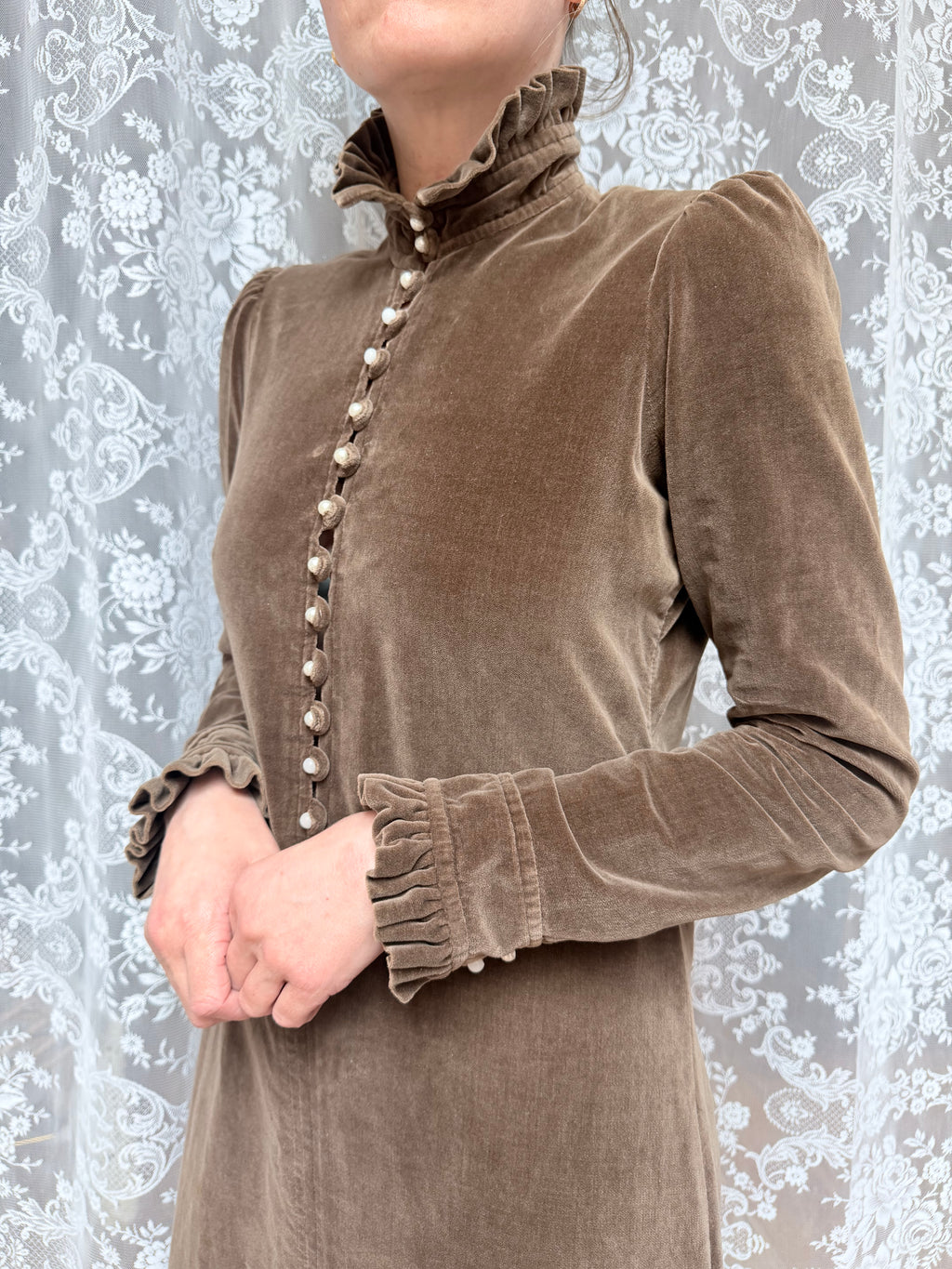 Vintage 1970s Brown Velvet Prairie Maxi Dress