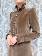 Vintage 1970s Brown Velvet Prairie Maxi Dress