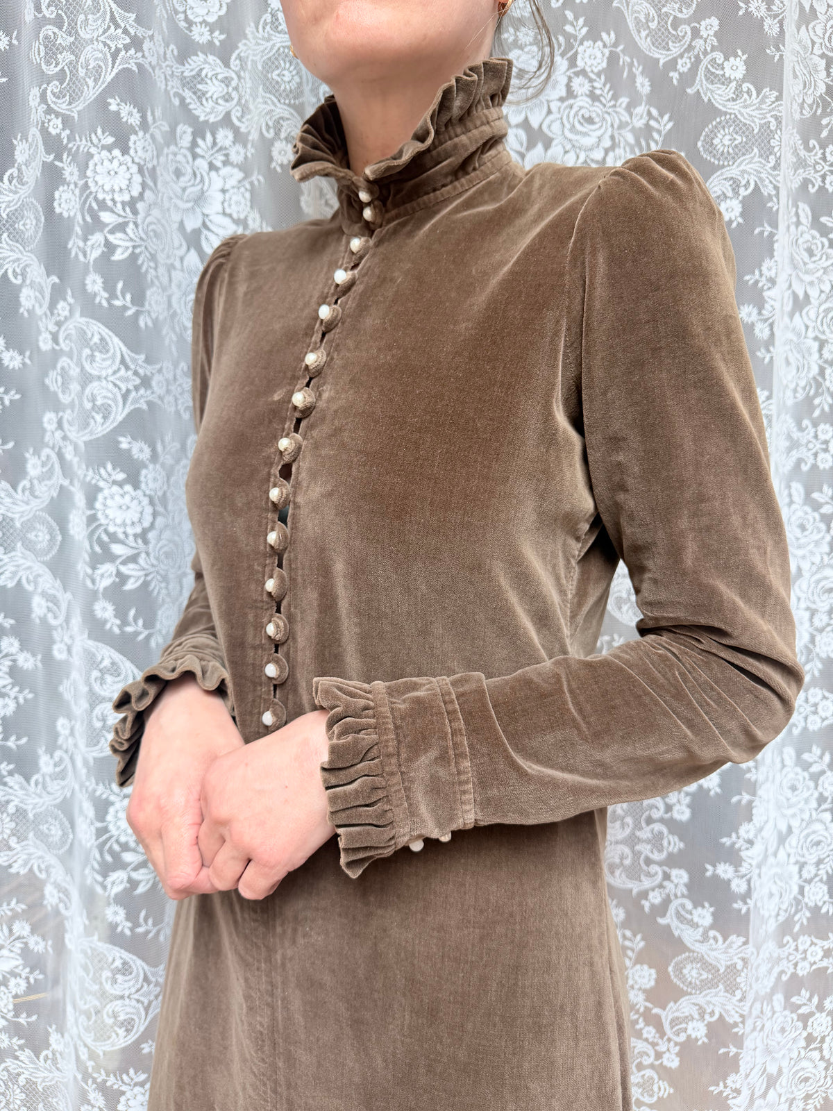Vintage 1970s Brown Velvet Prairie Maxi Dress