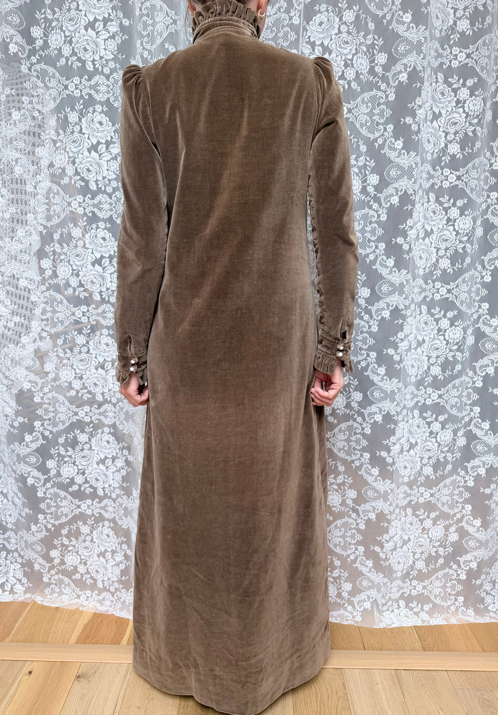 Vintage 1970s Brown Velvet Prairie Maxi Dress