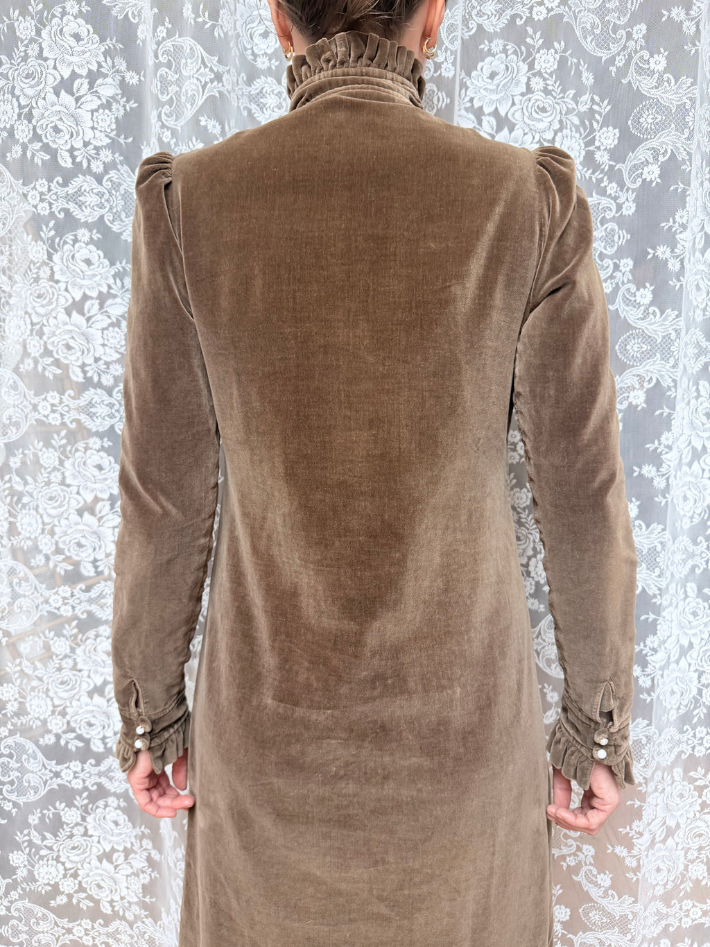 Vintage 1970s Brown Velvet Prairie Maxi Dress