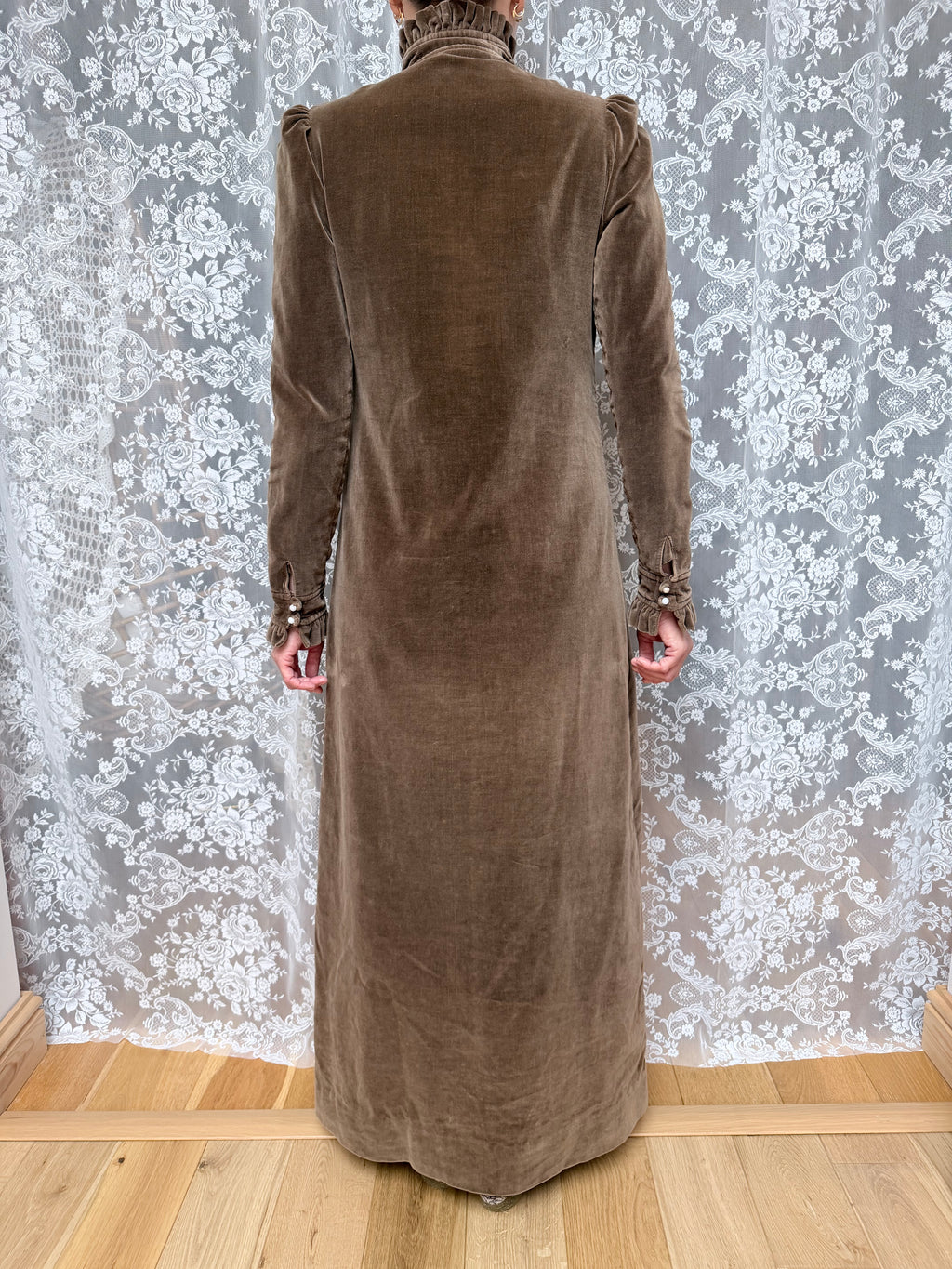 Vintage 1970s Brown Velvet Prairie Maxi Dress