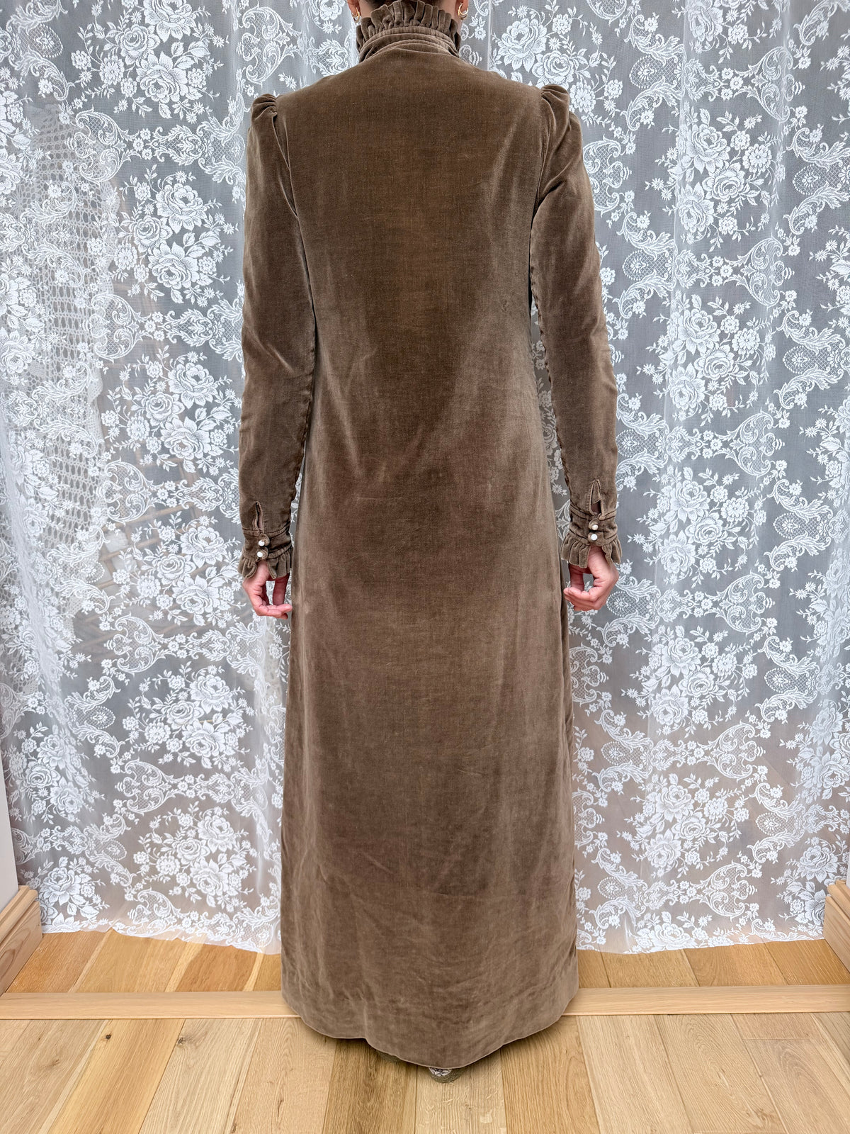 Vintage 1970s Brown Velvet Prairie Maxi Dress
