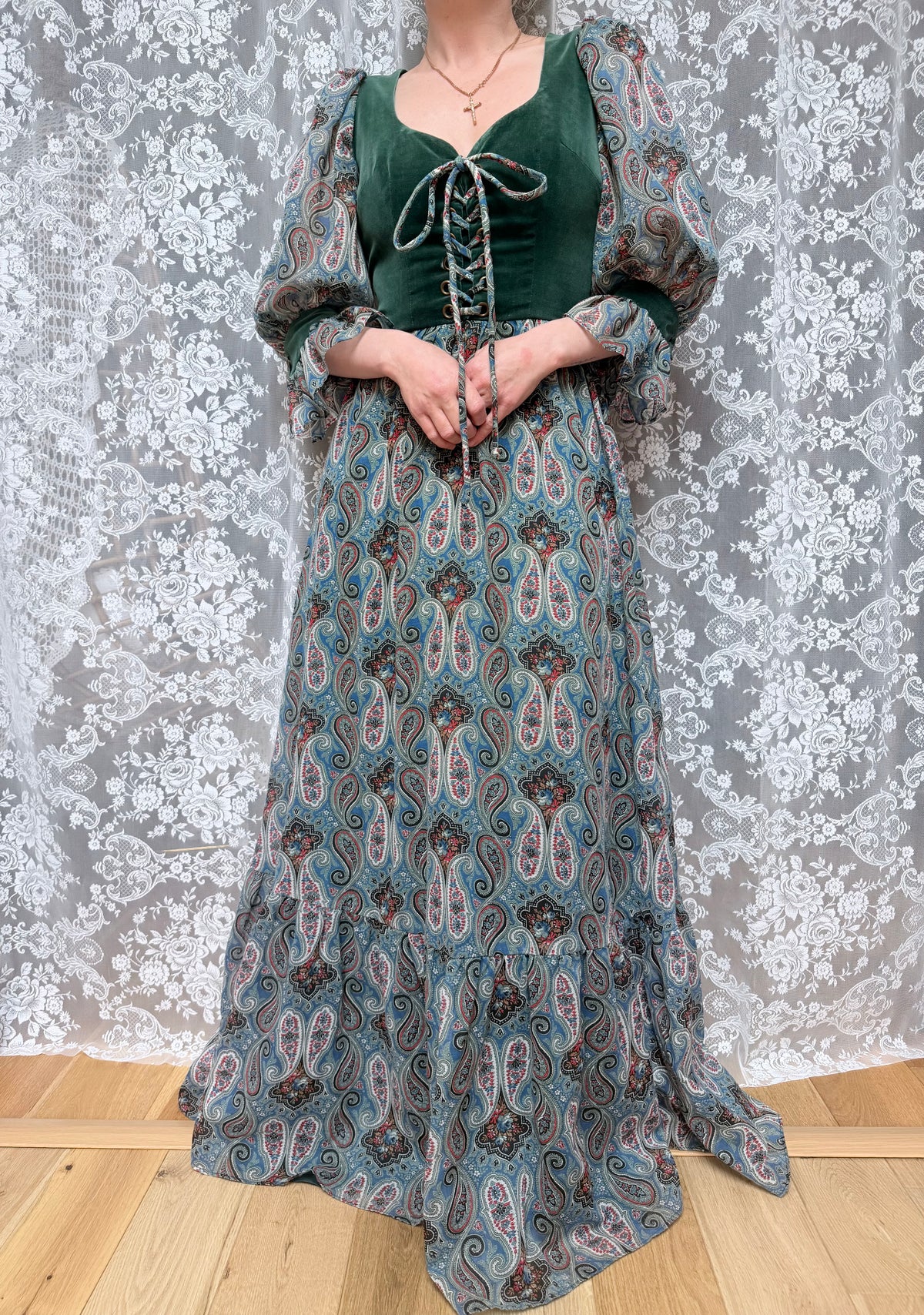 Vintage 1970s Romantic Prairie Dress with Green Velvet Corset Front