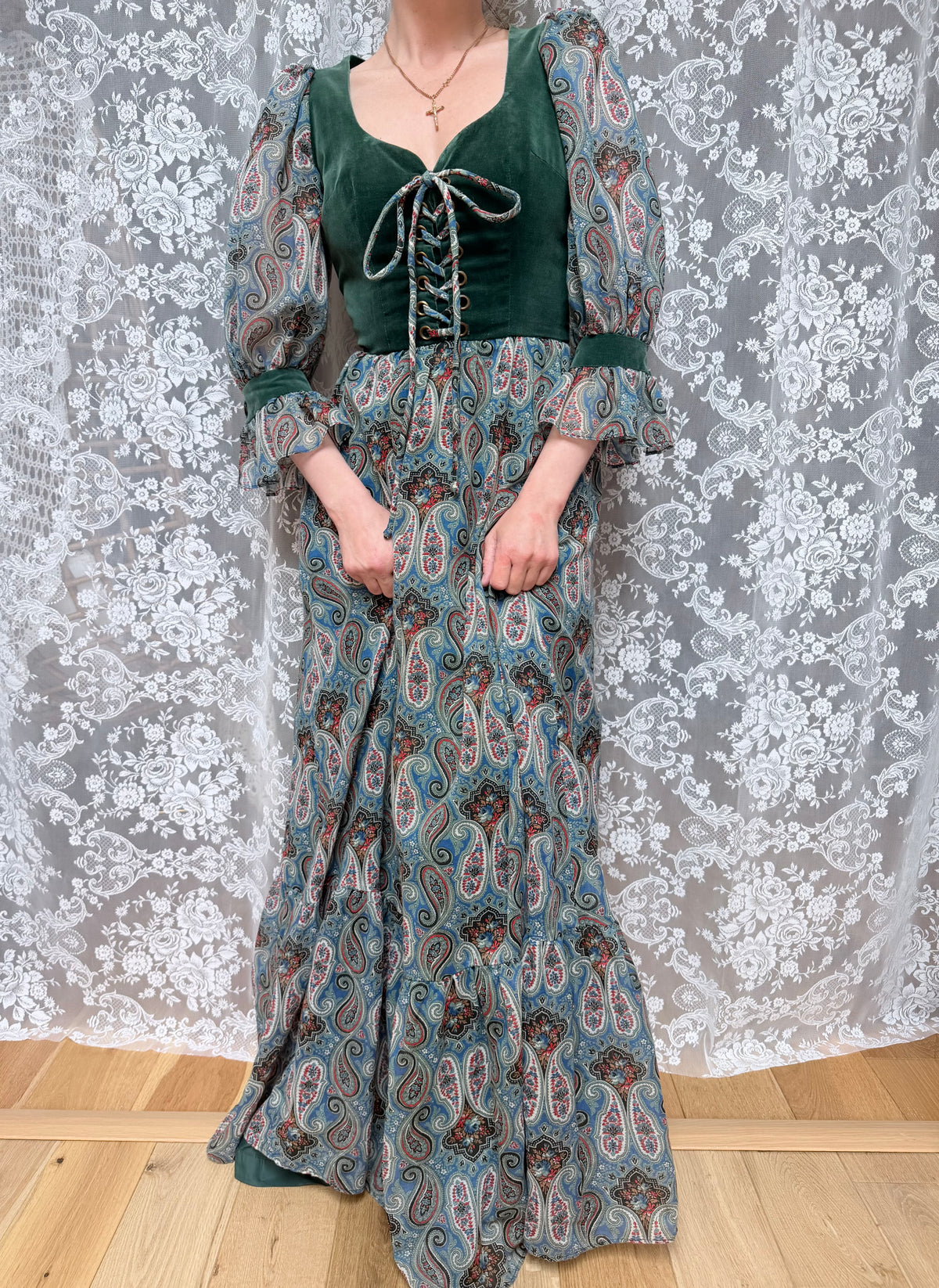 Vintage 1970s Romantic Prairie Dress with Green Velvet Corset Front
