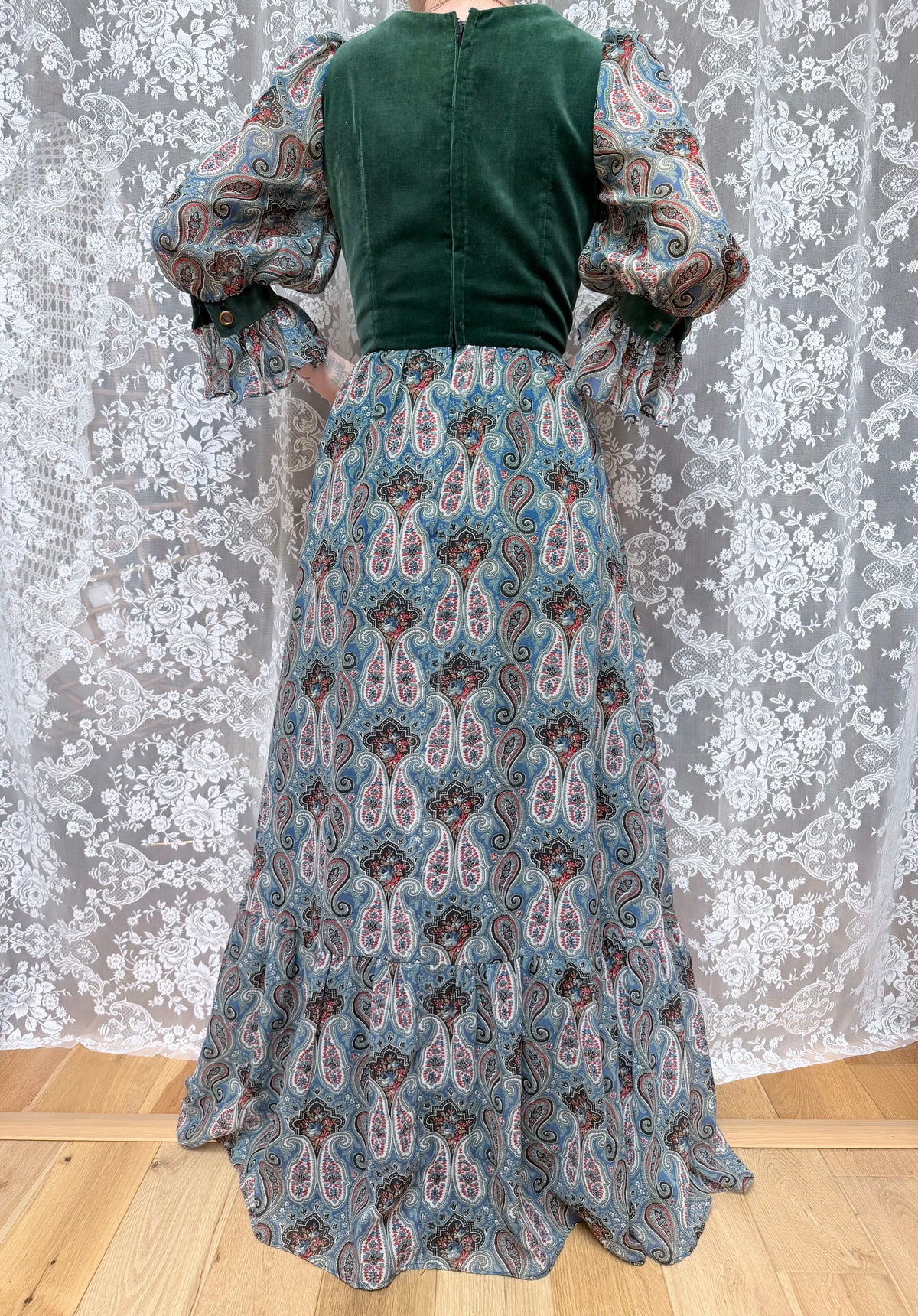 Vintage 1970s Romantic Prairie Dress with Green Velvet Corset Front