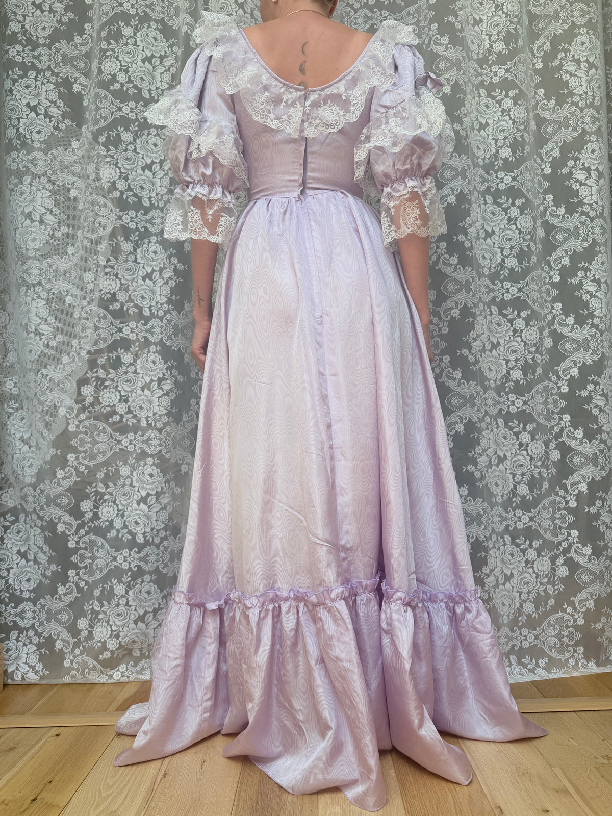 Vintage 1970s Lilac Lace Ruffle Sleeve Prairie Dress | Beauty and the Beast Ballgown