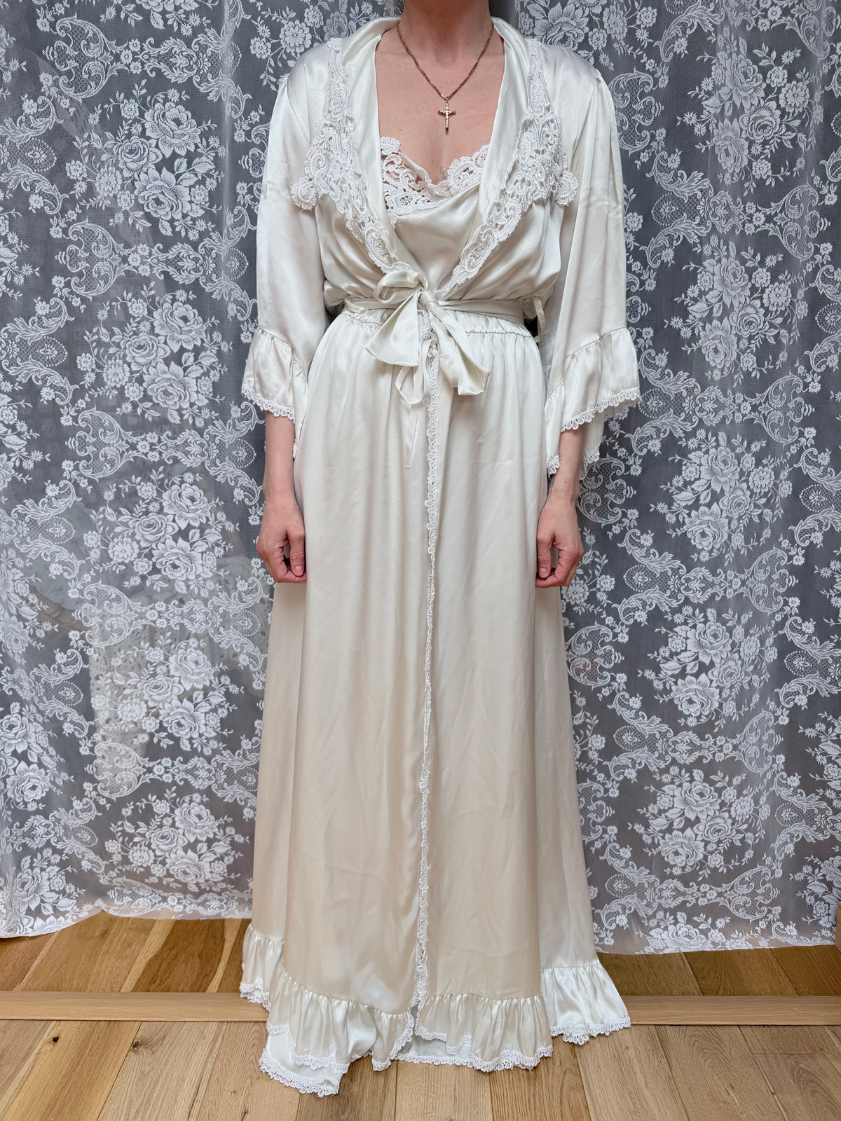 Vintage Satin Negligee & Bell Sleeve Gown Set