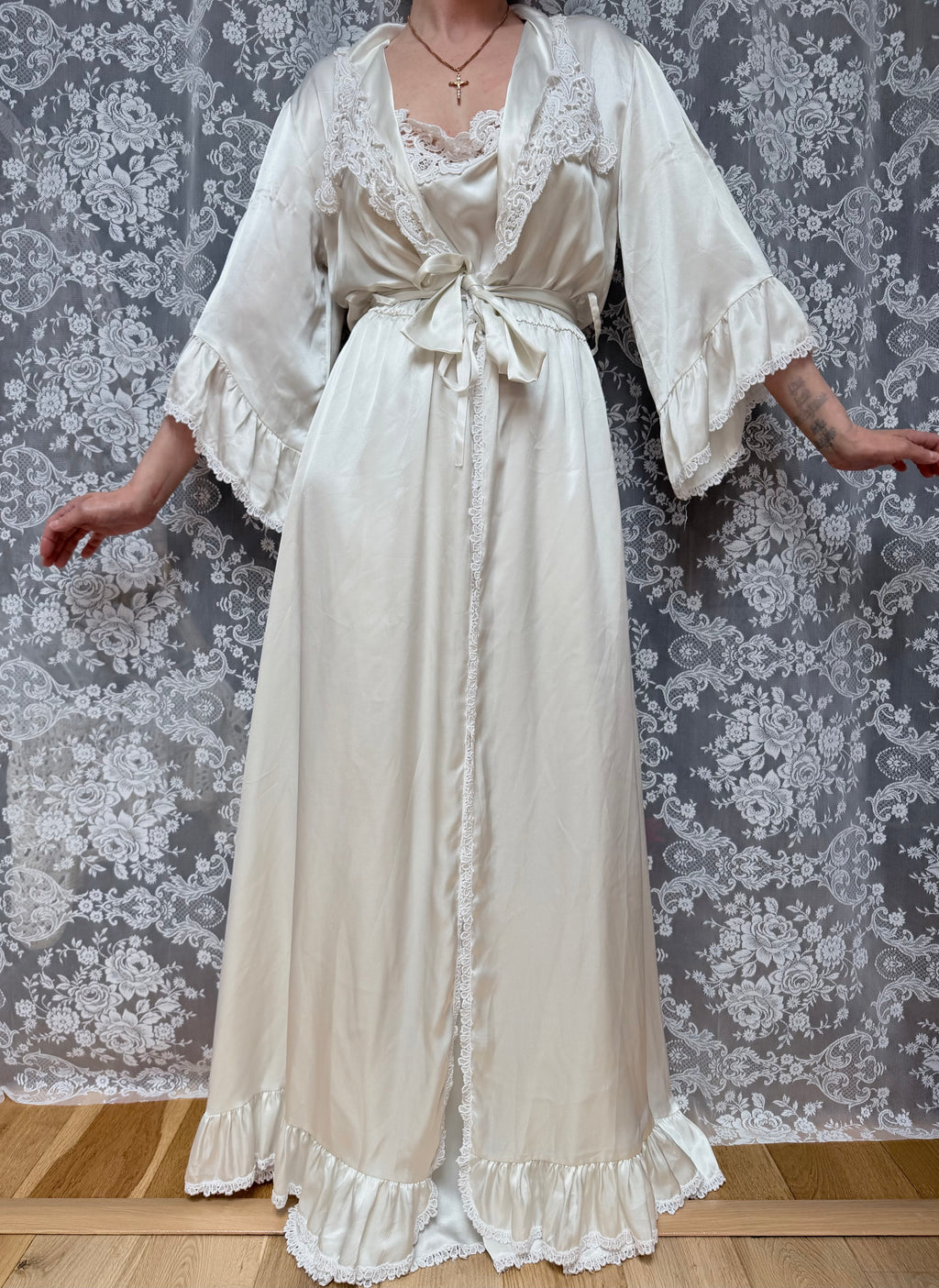 Vintage Satin Negligee & Bell Sleeve Gown Set