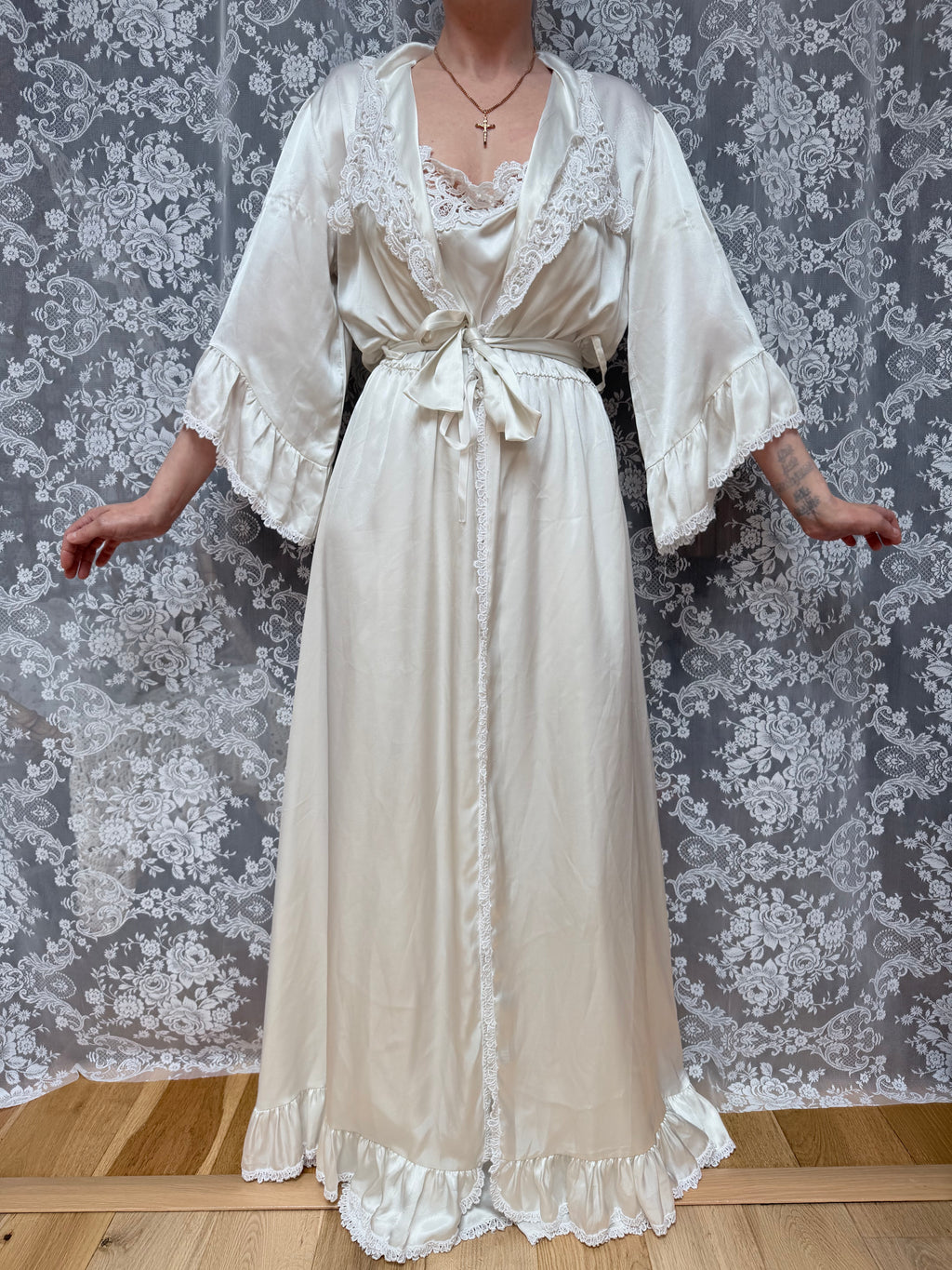 Vintage Satin Negligee & Bell Sleeve Gown Set