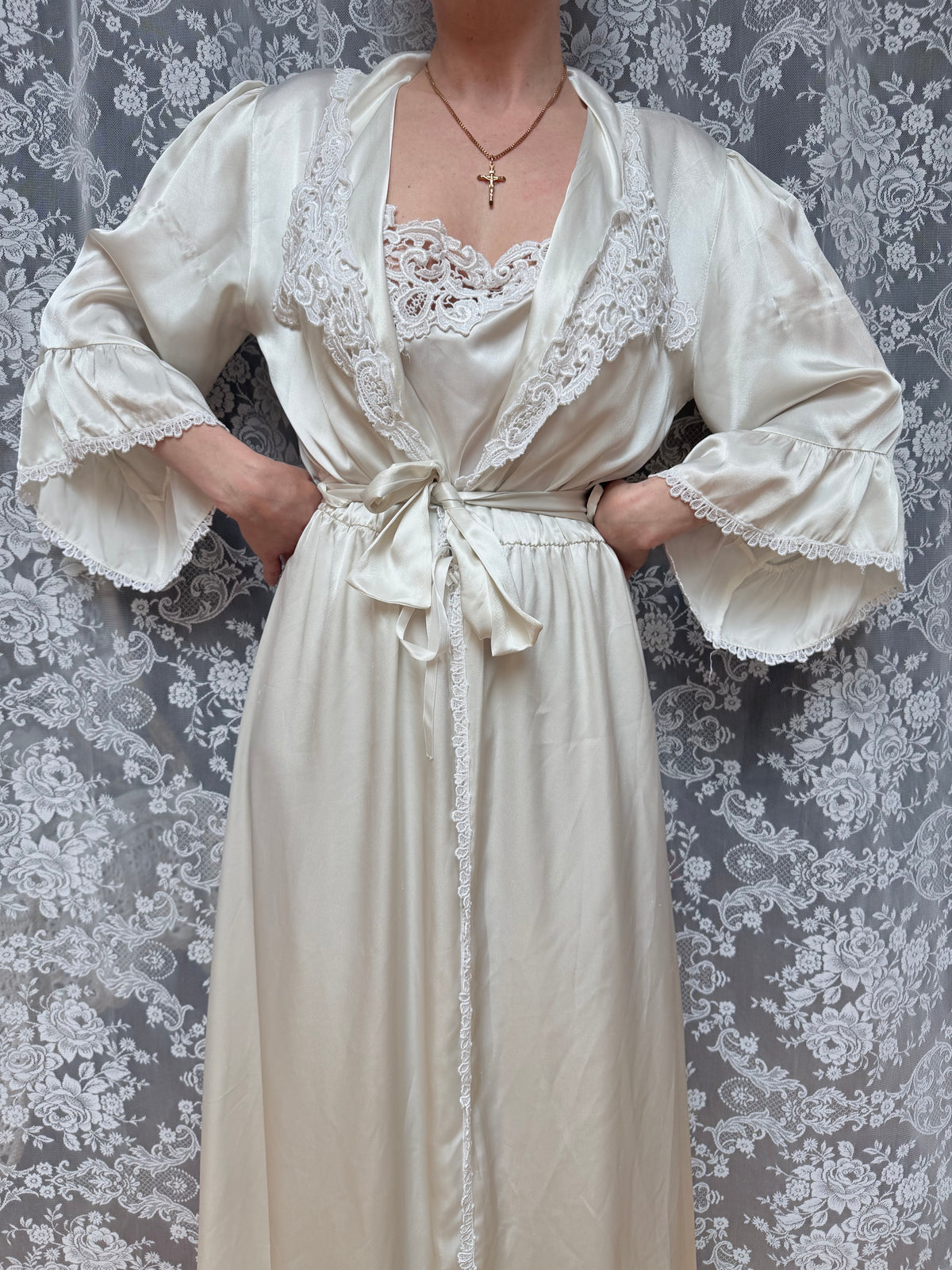 Vintage Satin Negligee & Bell Sleeve Gown Set
