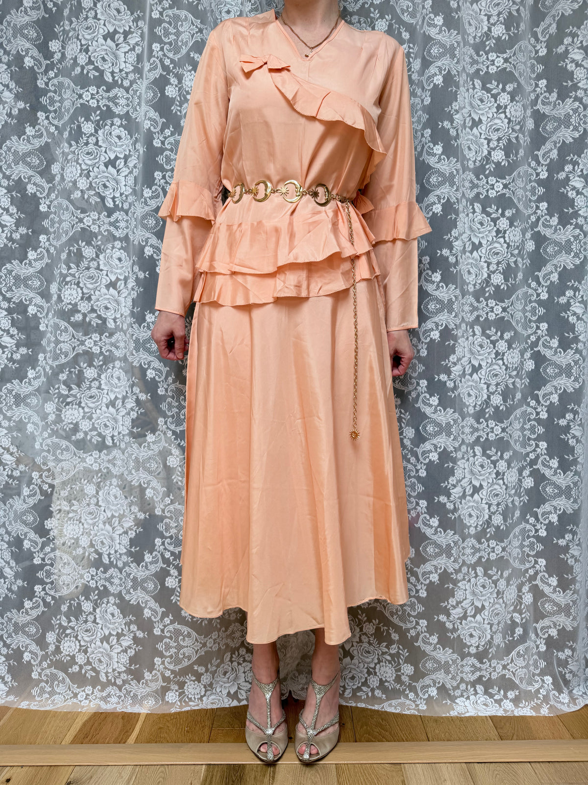 Vintage 1930s Handmade Peach Ruffled Day Dress