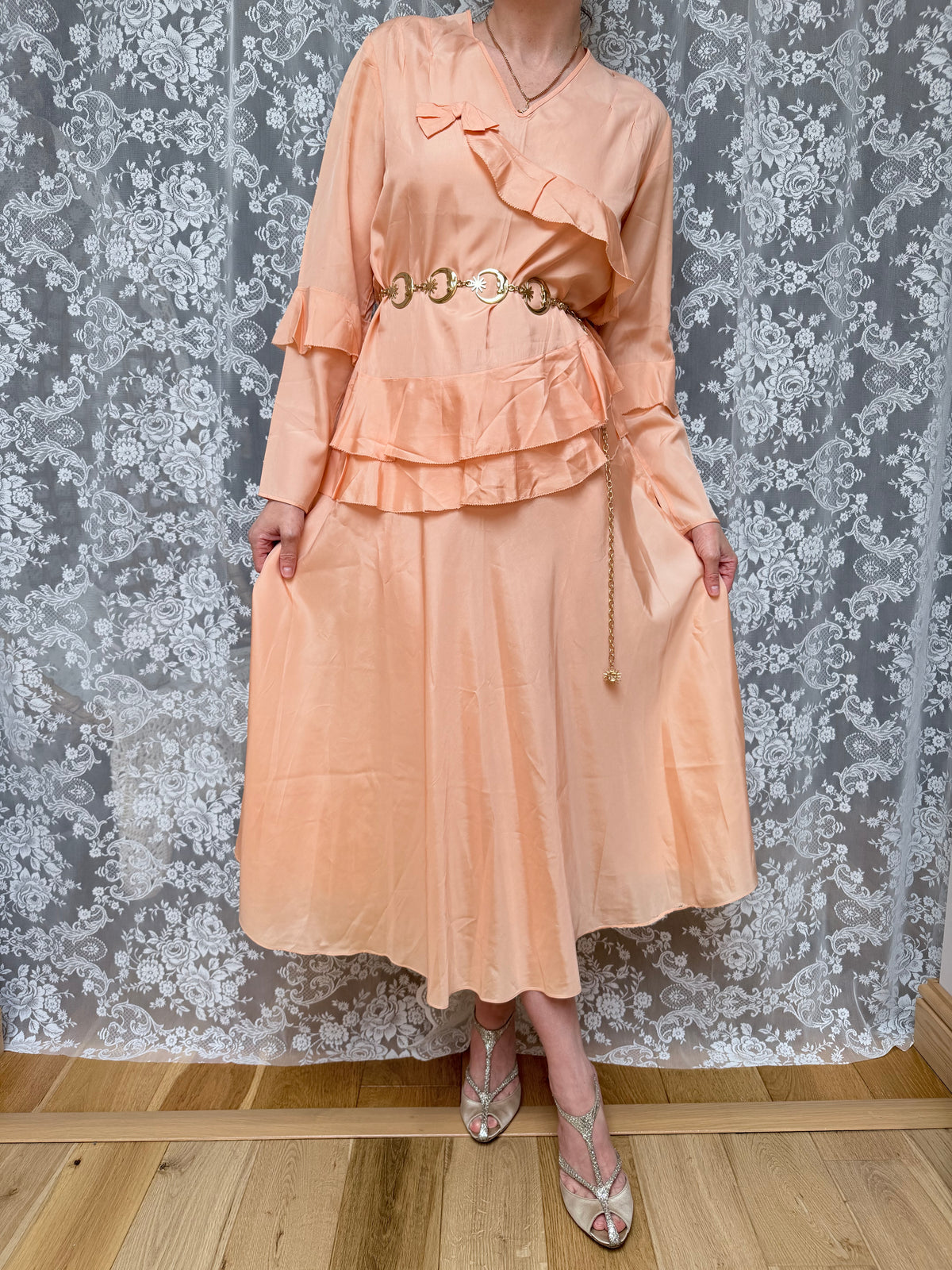 Vintage 1930s Handmade Peach Ruffled Day Dress
