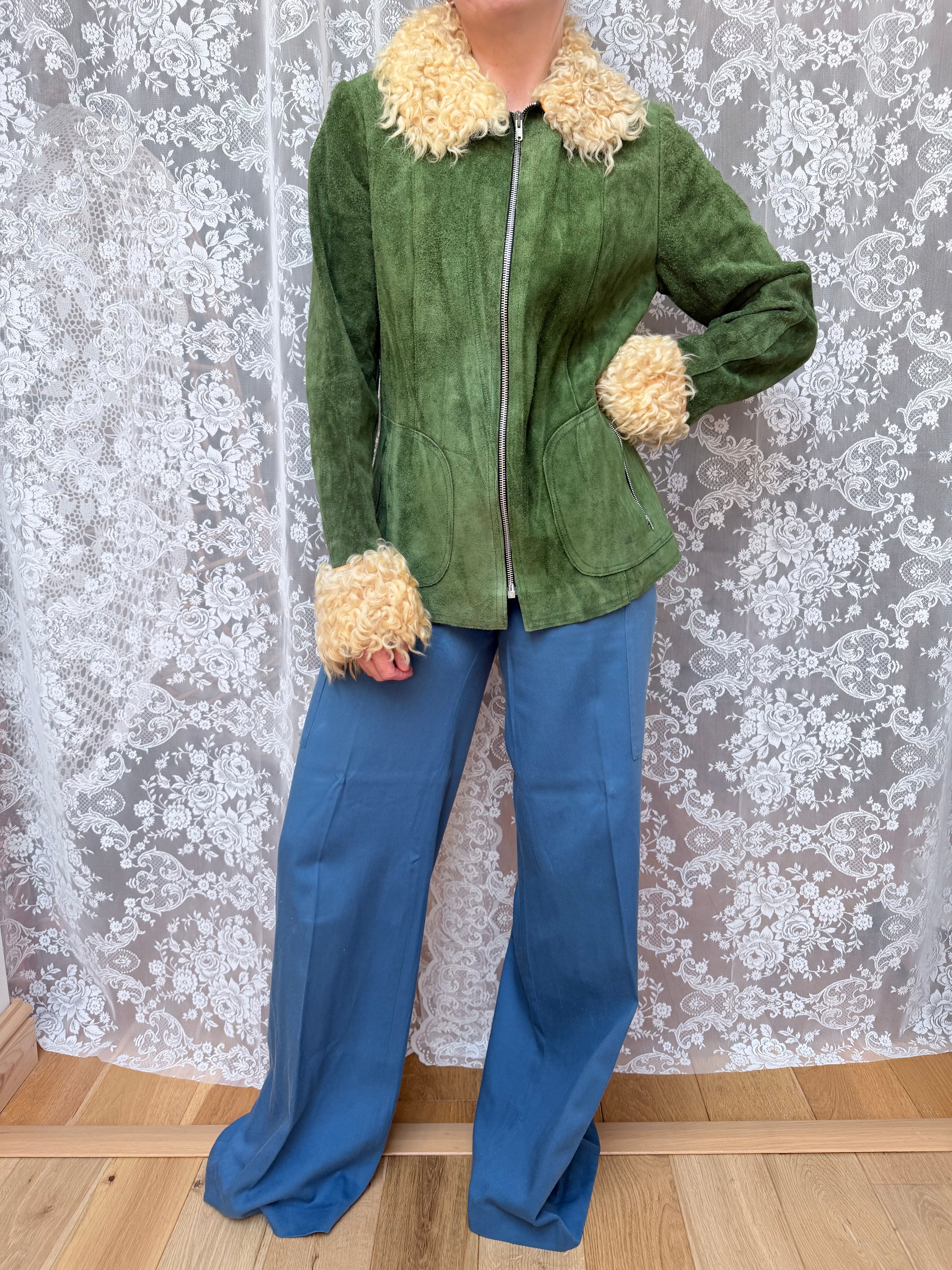 Vintage 1970s Green Sheepskin Afghan Penny Lane Coat
