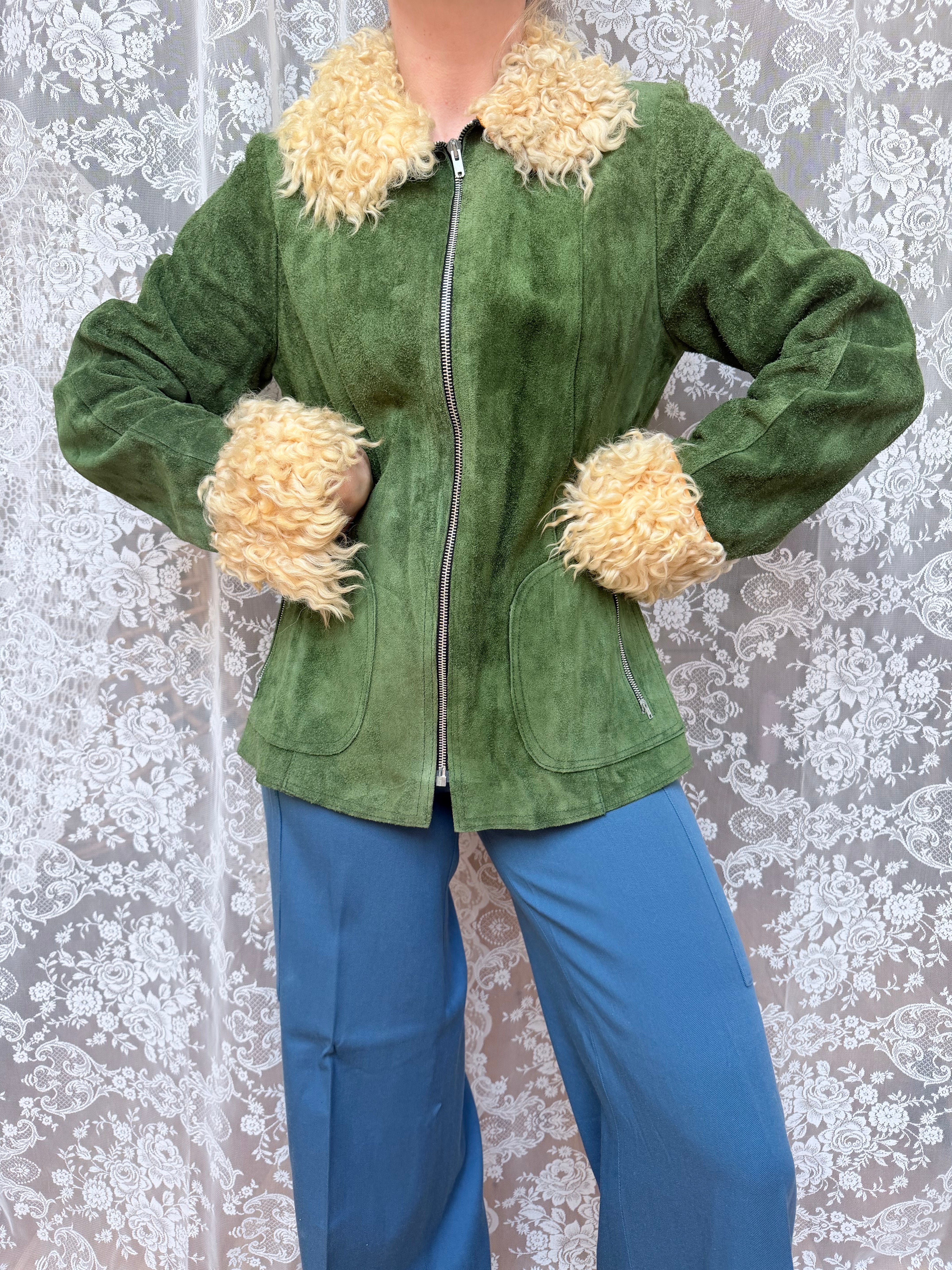 Vintage 1970s Green Sheepskin Afghan Penny Lane Coat