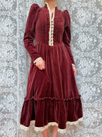 Vintage 1970s Gunne Sax Burgundy Velvet Prairie Dress