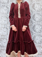 Vintage 1970s Gunne Sax Burgundy Velvet Prairie Dress