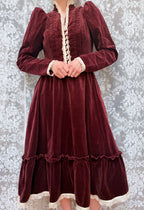 Vintage 1970s Gunne Sax Burgundy Velvet Prairie Dress