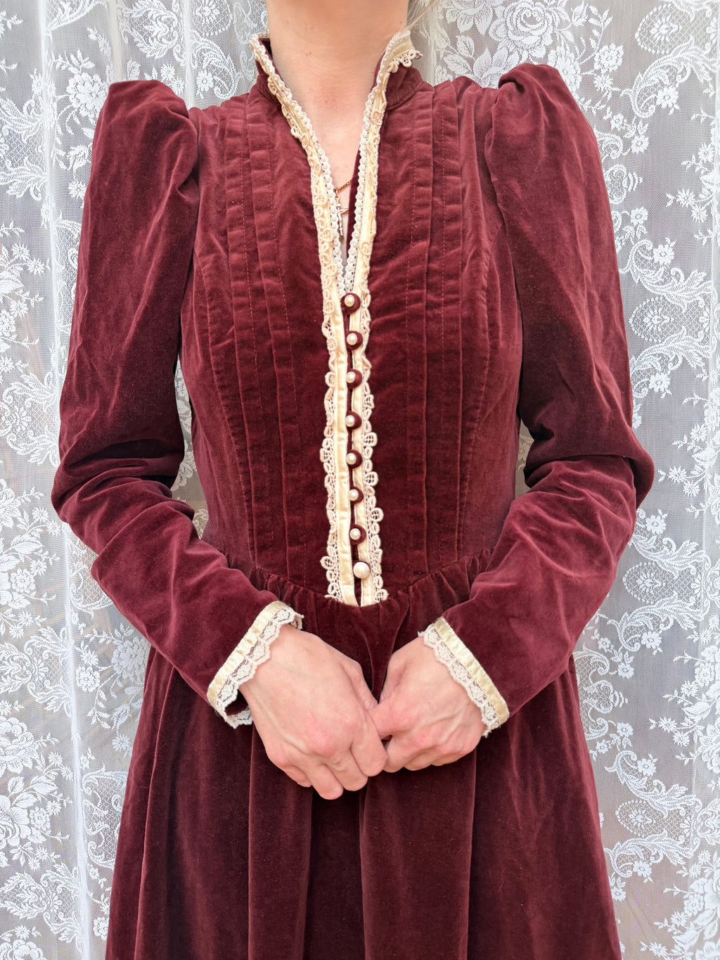 Vintage 1970s Gunne Sax Burgundy Velvet Prairie Dress