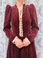 Vintage 1970s Gunne Sax Burgundy Velvet Prairie Dress