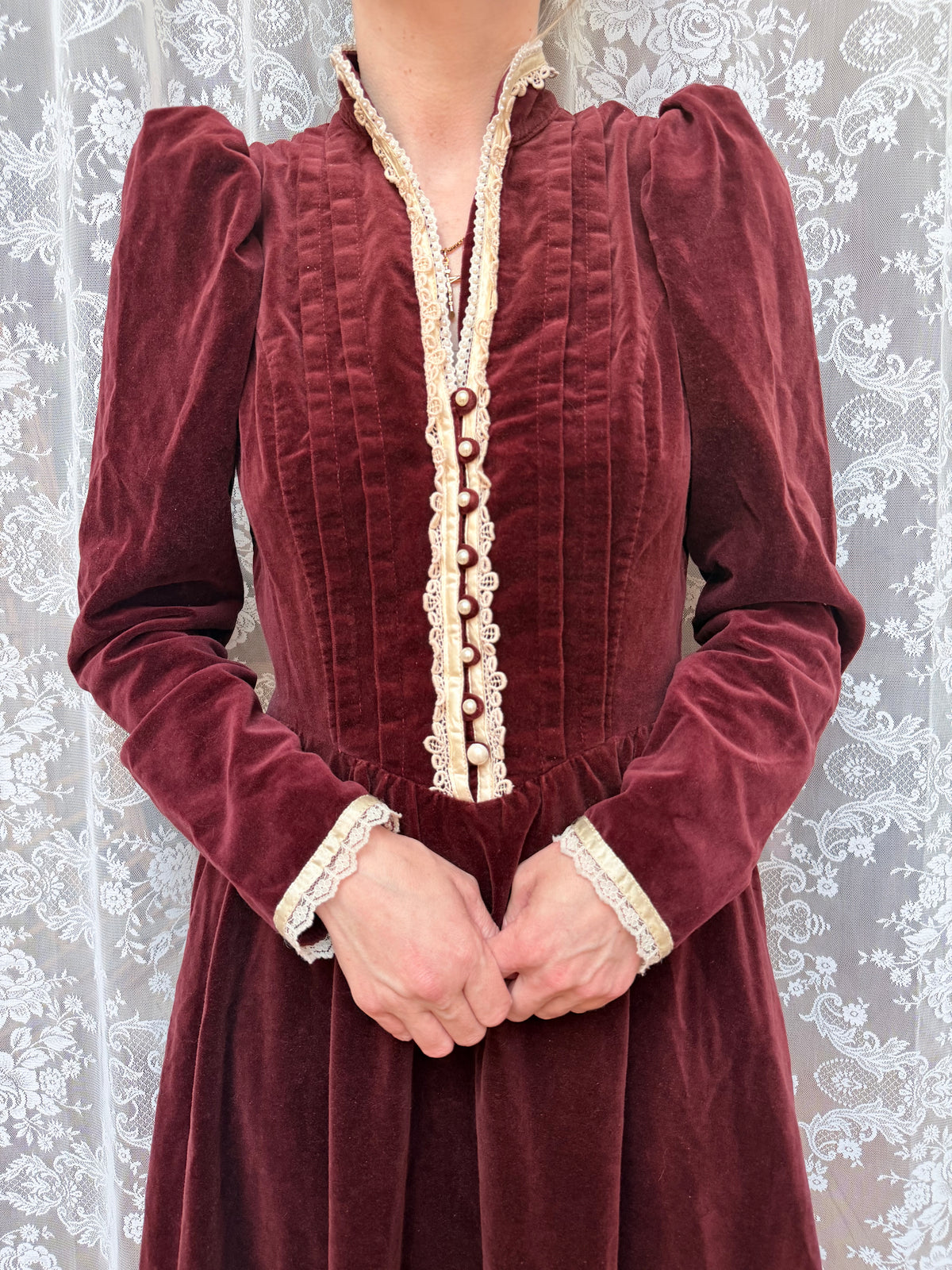 Vintage 1970s Gunne Sax Burgundy Velvet Prairie Dress